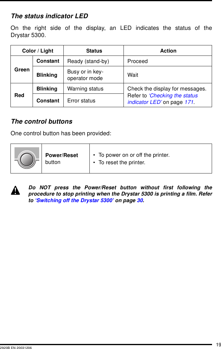 192920B EN 20031206The status indicator LEDOn the right side of the display, an LED indicates the status of theDrystar 5300.The control buttonsOne control button has been provided:Color / Light Status ActionGreenConstant Ready (stand-by) ProceedBlinking Busy or in key-operator mode WaitRed Blinking Warning status Check the display for messages. Refer to ‘Checking the status indicator LED’ on page 171.Constant Error statusPower/Reset button• To power on or off the printer.• To reset the printer.Do NOT press the Power/Reset button without first following theprocedure to stop printing when the Drystar 5300 is printing a film. Referto ‘Switching off the Drystar 5300’ on page 30.
