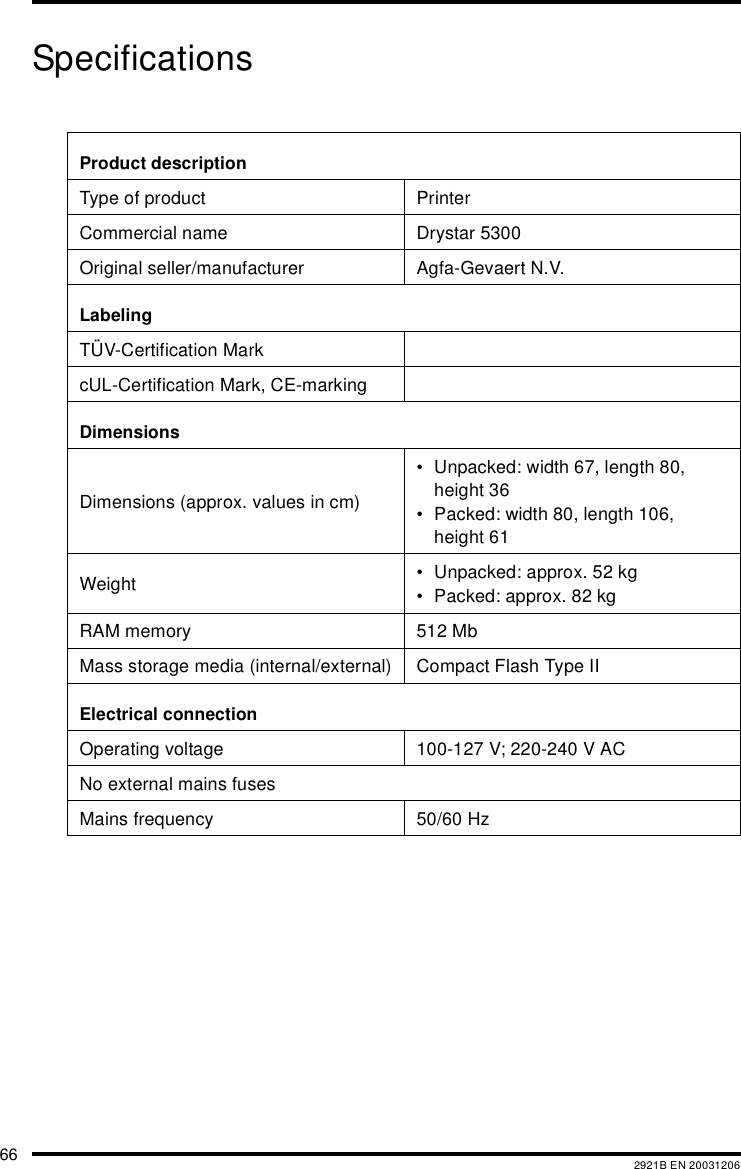 66 2921B EN 20031206SpecificationsProduct descriptionType of product  PrinterCommercial name Drystar 5300Original seller/manufacturer Agfa-Gevaert N.V.LabelingTÜV-Certification MarkcUL-Certification Mark, CE-markingDimensionsDimensions (approx. values in cm)• Unpacked: width 67, length 80, height 36• Packed: width 80, length 106, height 61Weight • Unpacked: approx. 52 kg• Packed: approx. 82 kgRAM memory 512 MbMass storage media (internal/external) Compact Flash Type IIElectrical connectionOperating voltage 100-127 V; 220-240 V ACNo external mains fusesMains frequency 50/60 Hz