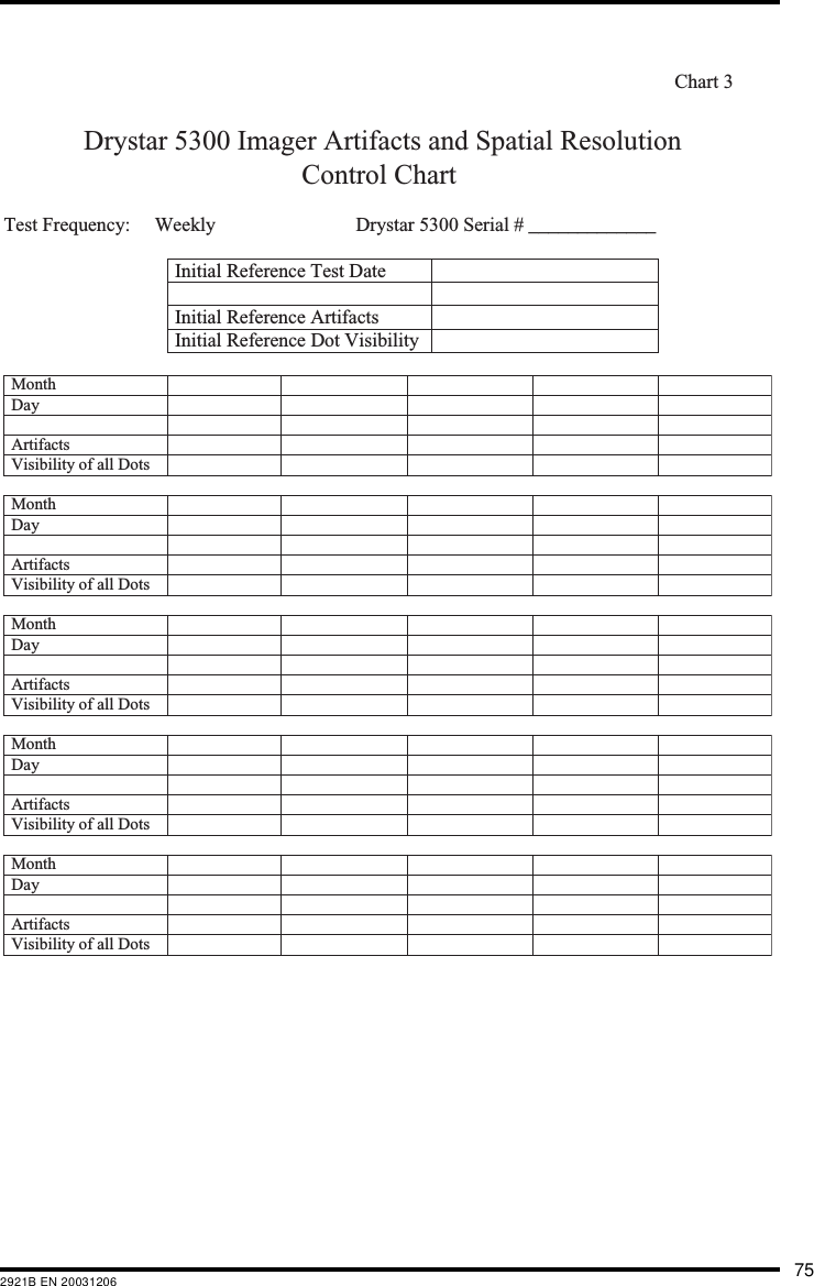 752921B EN 20031206Chart 3Drystar 5300 Imager Artifacts and Spatial ResolutionControl Chart Test Frequency:     Weekly Drystar 5300 Serial # _____________Initial Reference Test DateInitial Reference ArtifactsInitial Reference Dot Visibility Month Day Artifacts Visibility of all DotsMonth Day Artifacts Visibility of all DotsMonth Day Artifacts Visibility of all DotsMonth Day Artifacts Visibility of all DotsMonth Day Artifacts Visibility of all Dots