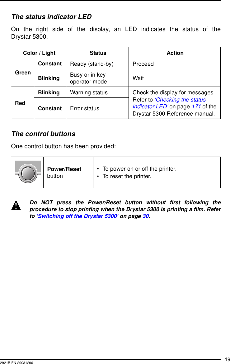 192921B EN 20031206The status indicator LEDOn the right side of the display, an LED indicates the status of theDrystar 5300.The control buttonsOne control button has been provided:Color / Light Status ActionGreenConstant Ready (stand-by) ProceedBlinking Busy or in key-operator mode WaitRedBlinking Warning status Check the display for messages. Refer to ‘Checking the status indicator LED’ on page 171 of the Drystar 5300 Reference manual.Constant Error statusPower/Reset button• To power on or off the printer.• To reset the printer.Do NOT press the Power/Reset button without first following theprocedure to stop printing when the Drystar 5300 is printing a film. Referto ‘Switching off the Drystar 5300’ on page 30.