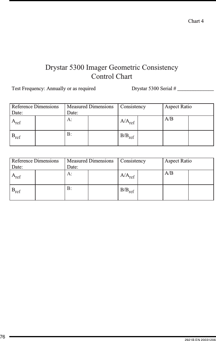 76 2921B EN 20031206Chart 4Drystar 5300 Imager Geometric ConsistencyControl ChartTest Frequency: Annually or as required  Drystar 5300 Serial # ______________Reference DimensionsDate:Measured DimensionsDate:Consistency Aspect Ratio Aref A: A/Aref A/BBref B: B/BrefReference DimensionsDate:Measured DimensionsDate:Consistency Aspect Ratio Aref A: A/Aref A/BBref B: B/Bref