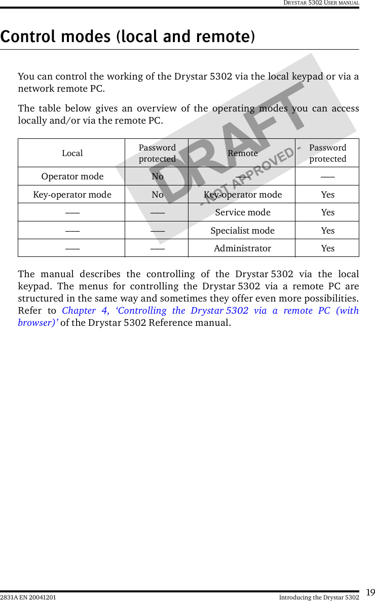 192831A EN 20041201 Introducing the Drystar 5302DRYSTAR 5302 USER MANUALControl modes (local and remote)You can control the working of the Drystar 5302 via the local keypad or via anetwork remote PC.The table below gives an overview of the operating modes you can accesslocally and/or via the remote PC.The manual describes the controlling of the Drystar 5302 via the localkeypad. The menus for controlling the Drystar 5302 via a remote PC arestructured in the same way and sometimes they offer even more possibilities.Refer to Chapter 4, ‘Controlling the Drystar 5302 via a remote PC (withbrowser)’ of the Drystar 5302 Reference manual.Local Password protected Remote Password protectedOperator mode No ––– –––Key-operator mode No Key-operator mode Yes––– ––– Service mode Yes––– ––– Specialist mode Yes––– ––– Administrator Yes