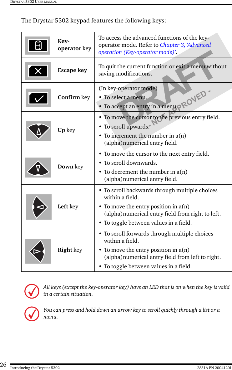 26 2831A EN 20041201Introducing the Drystar 5302DRYSTAR 5302 USER MANUALThe Drystar 5302 keypad features the following keys:Key-operator keyTo access the advanced functions of the key-operator mode. Refer to Chapter 3, ‘Advanced operation (Key-operator mode)’.Escape key To quit the current function or exit a menu without saving modifications. Confirm key(In key-operator mode)•To select a menu.• To accept an entry in a menu.Up key• To move the cursor to the previous entry field.• To scroll upwards.• To increment the number in a(n) (alpha)numerical entry field.Down key• To move the cursor to the next entry field.• To scroll downwards.• To decrement the number in a(n) (alpha)numerical entry field. Left key• To scroll backwards through multiple choices within a field.• To move the entry position in a(n) (alpha)numerical entry field from right to left.• To toggle between values in a field. Right key• To scroll forwards through multiple choices within a field. • To move the entry position in a(n) (alpha)numerical entry field from left to right.• To toggle between values in a field.All keys (except the key-operator key) have an LED that is on when the key is valid in a certain situation.You can press and hold down an arrow key to scroll quickly through a list or a menu.