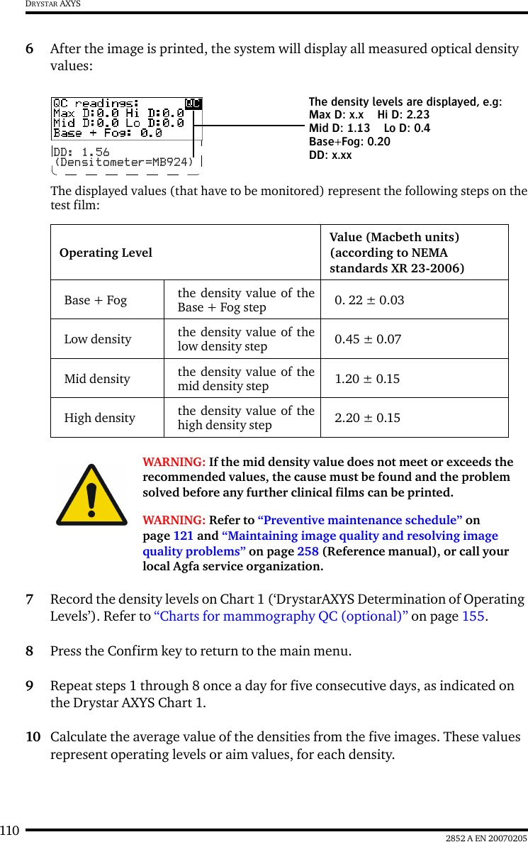110 2852 A EN 20070205DRYSTAR AXYS6After the image is printed, the system will display all measured optical density values:The displayed values (that have to be monitored) represent the following steps on thetest film:7Record the density levels on Chart 1 (‘DrystarAXYS Determination of Operating Levels’). Refer to “Charts for mammography QC (optional)” on page 155.8Press the Confirm key to return to the main menu.9Repeat steps 1 through 8 once a day for five consecutive days, as indicated on the Drystar AXYS Chart 1.10 Calculate the average value of the densities from the five images. These values represent operating levels or aim values, for each density.Operating LevelValue (Macbeth units)(according to NEMA standards XR 23-2006)Base + Fog the density value of theBase + Fog step 0. 22 ± 0.03Low density the density value of thelow density step 0.45 ± 0.07Mid density the density value of themid density step 1.20 ± 0.15High density the density value of thehigh density step 2.20 ± 0.15WARNING: If the mid density value does not meet or exceeds the recommended values, the cause must be found and the problem solved before any further clinical films can be printed.WARNING: Refer to “Preventive maintenance schedule” on page 121 and “Maintaining image quality and resolving image quality problems” on page 258 (Reference manual), or call your local Agfa service organization.DD: 1.56(Densitometer=MB924)The density levels are displayed, e.g:Max D: x.x Hi D: 2.23Mid D: 1.13 Lo D: 0.4Base+Fog: 0.20DD: x.xx