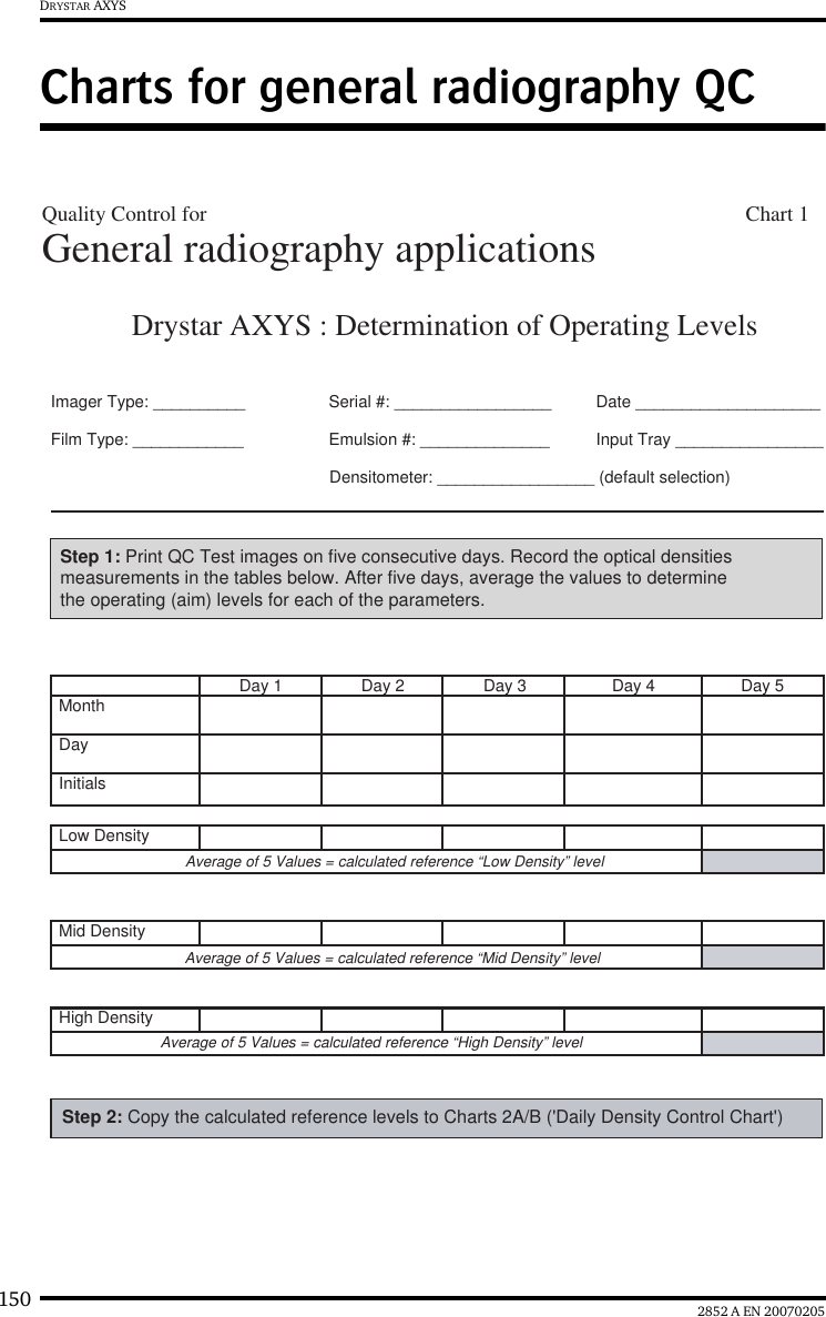150 2852 A EN 20070205DRYSTAR AXYSCharts for general radiography QCDrystar AXYS : Determination of Operating Levels Imager Type: __________ Serial #: _________________ Date ____________________Input Tray ________________Film Type: ____________ Emulsion #: ______________Densitometer: _________________ (default selection)Day 1 Day 2 Day 3 Day 4 Day 5MonthDayInitialsLow DensityAverage of 5 Values = calculated reference “Low Density” levelMid Density  Average of 5 Values = calculated reference “Mid Density” levelHigh DensityAverage of 5 Values = calculated reference “High Density” levelStep 1: Print QC Test images on five consecutive days. Record the optical densities measurements in the tables below. After five days, average the values to determine the operating (aim) levels for each of the parameters. Step 2: Copy the calculated reference levels to Charts 2A/B (&apos;Daily Density Control Chart&apos;)  General radiography applicationsQuality Control for                                                                                                     Chart 1