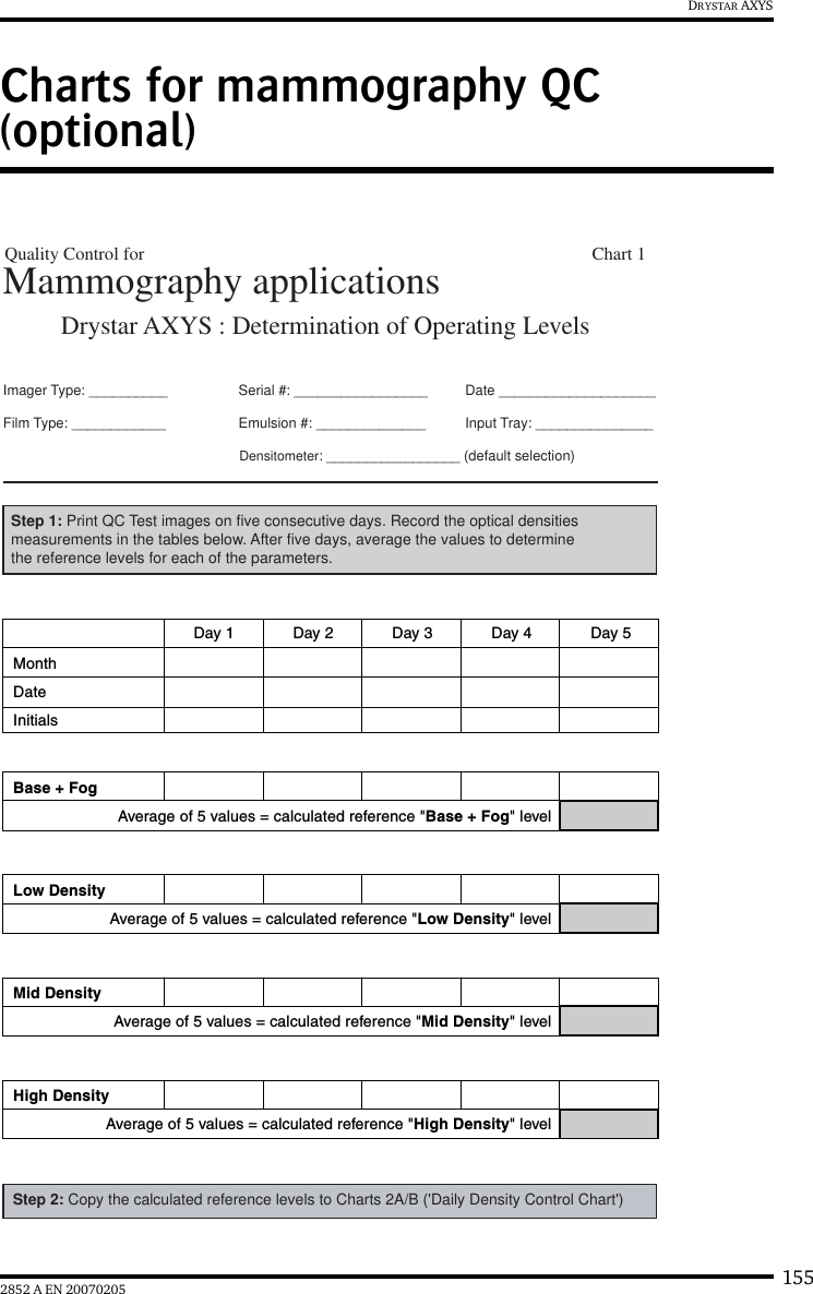 1552852 A EN 20070205DRYSTAR AXYSCharts for mammography QC (optional)Drystar AXYS : Determination of Operating Levels Imager Type: __________ Serial #: _________________ Date ____________________Film Type: ____________ Emulsion #: ______________Densitometer: _________________ (default selection)Step 1: Print QC Test images on five consecutive days. Record the optical densities measurements in the tables below. After five days, average the values to determine the reference levels for each of the parameters.  Mammography applicationsMonthDay 1 Day 2 Day 3 Day 4 Day 5DateInitialsAverage of 5 values = calculated reference &quot;Base + Fog&quot; levelBase + FogAverage of 5 values = calculated reference &quot;Low Density&quot; levelLow DensityAverage of 5 values = calculated reference &quot;Mid Density&quot; levelMid DensityAverage of 5 values = calculated reference &quot;High Density&quot; levelHigh DensityStep 2: Copy the calculated reference levels to Charts 2A/B (&apos;Daily Density Control Chart&apos;) Input Tray: _______________Quality Control for    Chart 1
