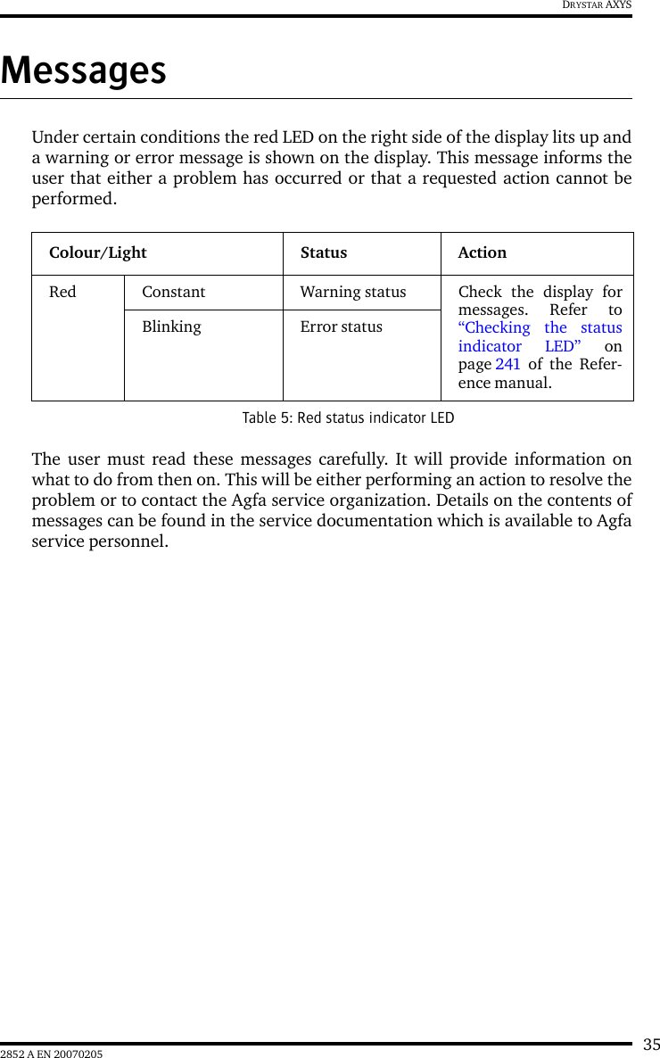 352852 A EN 20070205DRYSTAR AXYSMessagesUnder certain conditions the red LED on the right side of the display lits up anda warning or error message is shown on the display. This message informs theuser that either a problem has occurred or that a requested action cannot beperformed.The user must read these messages carefully. It will provide information onwhat to do from then on. This will be either performing an action to resolve theproblem or to contact the Agfa service organization. Details on the contents ofmessages can be found in the service documentation which is available to Agfaservice personnel.Colour/Light Status ActionRed Constant Warning status Check the display formessages. Refer to“Checking the statusindicator LED” onpage 241 of the Refer-ence manual.Blinking Error statusTable 5: Red status indicator LED
