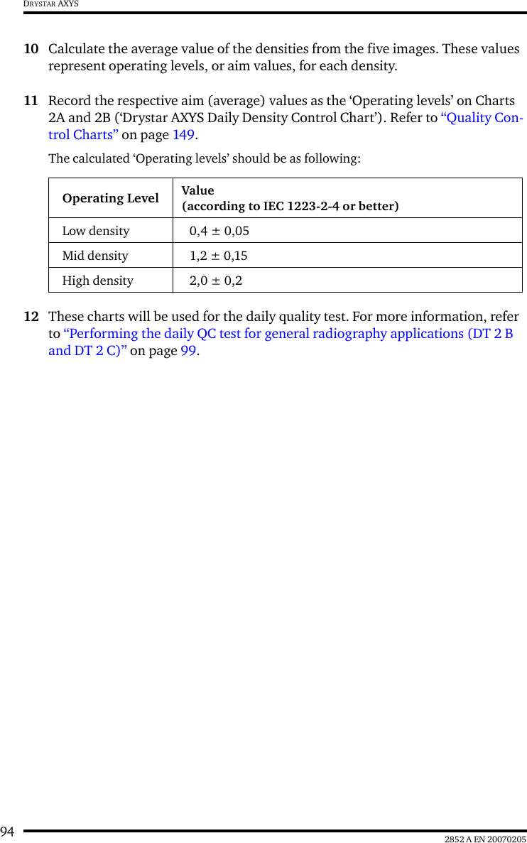 94 2852 A EN 20070205DRYSTAR AXYS10 Calculate the average value of the densities from the five images. These values represent operating levels, or aim values, for each density.11 Record the respective aim (average) values as the ‘Operating levels’ on Charts 2A and 2B (‘Drystar AXYS Daily Density Control Chart’). Refer to “Quality Con-trol Charts” on page 149.The calculated ‘Operating levels’ should be as following:12 These charts will be used for the daily quality test. For more information, refer to “Performing the daily QC test for general radiography applications (DT 2 B and DT 2 C)” on page 99.Operating Level Value(according to IEC 1223-2-4 or better)Low density  0,4 ± 0,05Mid density  1,2 ± 0,15High density  2,0 ± 0,2