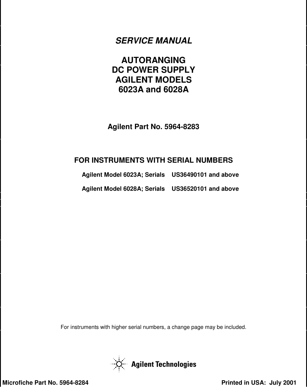 Agilent Technologies Power Supply s 6023A And 6028A Users Manual SERVICE