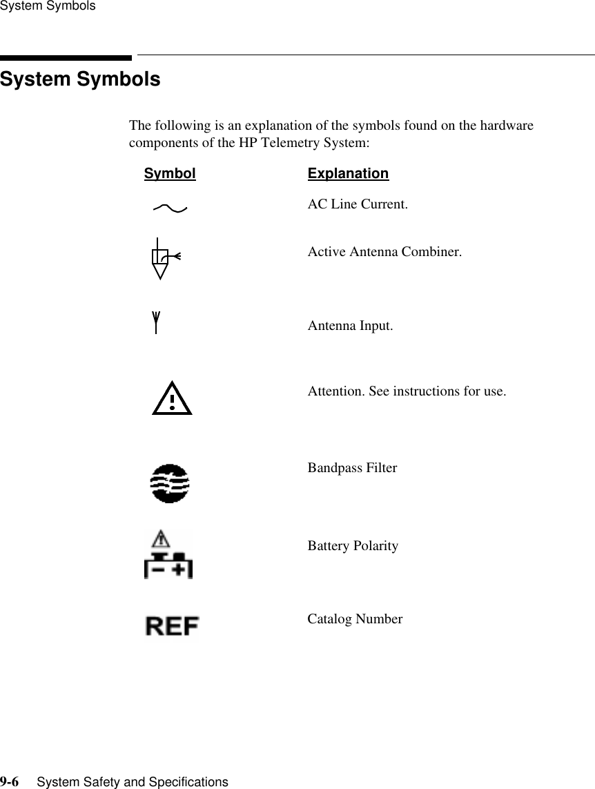 System Symbols9-6     System Safety and SpecificationsSystem SymbolsThe following is an explanation of the symbols found on the hardware components of the HP Telemetry System:Symbol ExplanationAC Line Current.Active Antenna Combiner.Antenna Input.Attention. See instructions for use.Bandpass FilterBattery PolarityCatalog Number