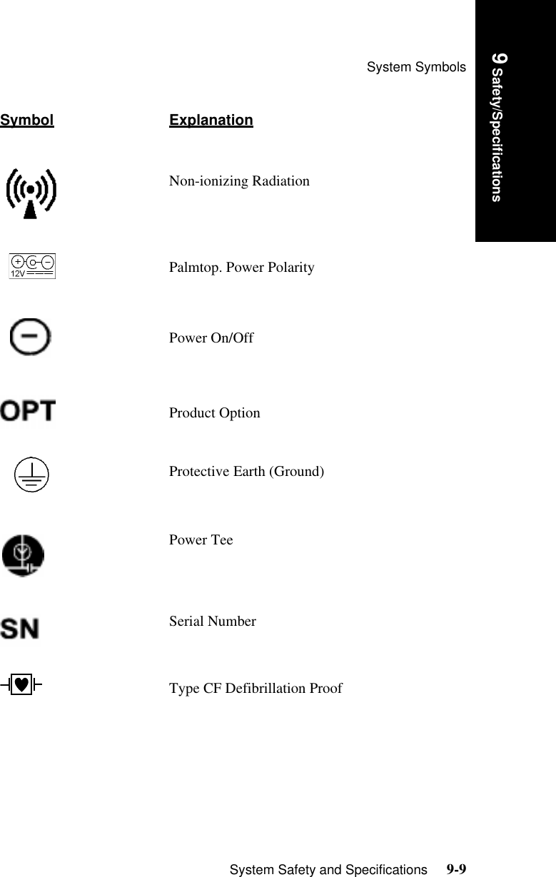 System SymbolsSystem Safety and Specifications     9-9Introduction9 Safety/SpecificationsNon-ionizing RadiationPalmtop. Power PolarityPower On/OffProduct OptionProtective Earth (Ground)Power Tee Serial NumberType CF Defibrillation ProofSymbol Explanation