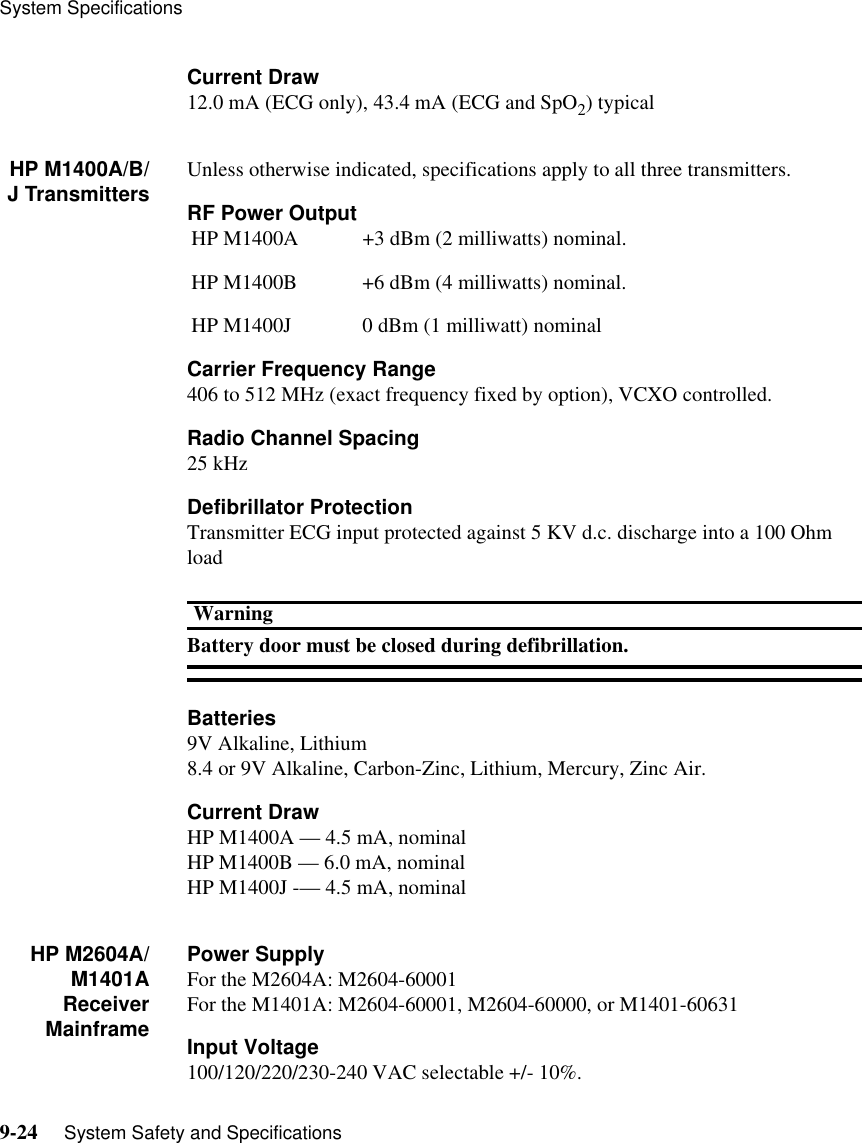 System Specifications9-24     System Safety and SpecificationsCurrent Draw12.0 mA (ECG only), 43.4 mA (ECG and SpO2) typicalHP M1400A/B/J Transmitters Unless otherwise indicated, specifications apply to all three transmitters.RF Power OutputCarrier Frequency Range406 to 512 MHz (exact frequency fixed by option), VCXO controlled.Radio Channel Spacing25 kHzDefibrillator ProtectionTransmitter ECG input protected against 5 KV d.c. discharge into a 100 Ohm loadWarningBattery door must be closed during defibrillation.Batteries9V Alkaline, Lithium8.4 or 9V Alkaline, Carbon-Zinc, Lithium, Mercury, Zinc Air.Current DrawHP M1400A — 4.5 mA, nominalHP M1400B — 6.0 mA, nominalHP M1400J -— 4.5 mA, nominalHP M2604A/M1401AReceiverMainframePower SupplyFor the M2604A: M2604-60001For the M1401A: M2604-60001, M2604-60000, or M1401-60631Input Voltage100/120/220/230-240 VAC selectable +/- 10%. HP M1400A  +3 dBm (2 milliwatts) nominal.HP M1400B  +6 dBm (4 milliwatts) nominal. HP M1400J 0 dBm (1 milliwatt) nominal