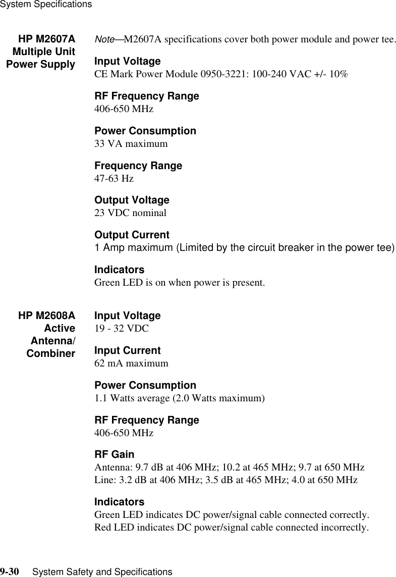 System Specifications9-30     System Safety and SpecificationsHP M2607AMultiple UnitPower SupplyNote—M2607A specifications cover both power module and power tee.Input VoltageCE Mark Power Module 0950-3221: 100-240 VAC +/- 10%RF Frequency Range406-650 MHzPower Consumption33 VA maximumFrequency Range47-63 HzOutput Voltage23 VDC nominalOutput Current1 Amp maximum (Limited by the circuit breaker in the power tee)IndicatorsGreen LED is on when power is present.HP M2608AActiveAntenna/CombinerInput Voltage 19 - 32 VDCInput Current 62 mA maximumPower Consumption1.1 Watts average (2.0 Watts maximum)RF Frequency Range406-650 MHzRF GainAntenna: 9.7 dB at 406 MHz; 10.2 at 465 MHz; 9.7 at 650 MHzLine: 3.2 dB at 406 MHz; 3.5 dB at 465 MHz; 4.0 at 650 MHzIndicatorsGreen LED indicates DC power/signal cable connected correctly.Red LED indicates DC power/signal cable connected incorrectly.