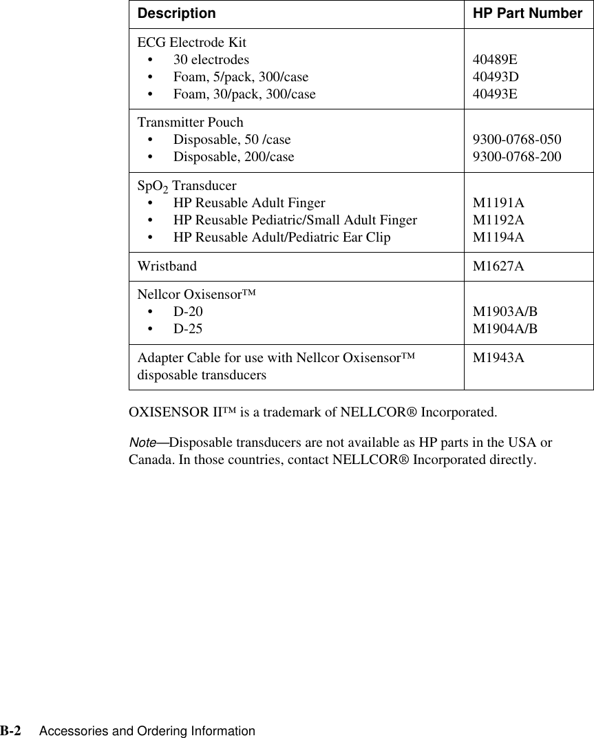 B-2     Accessories and Ordering InformationOXISENSOR II™ is a trademark of NELLCOR® Incorporated.Note—Disposable transducers are not available as HP parts in the USA or Canada. In those countries, contact NELLCOR® Incorporated directly.ECG Electrode Kit• 30 electrodes• Foam, 5/pack, 300/case• Foam, 30/pack, 300/case40489E40493D40493ETransmitter Pouch• Disposable, 50 /case • Disposable, 200/case 9300-0768-0509300-0768-200SpO2 Transducer• HP Reusable Adult Finger• HP Reusable Pediatric/Small Adult Finger• HP Reusable Adult/Pediatric Ear ClipM1191AM1192AM1194AWristband M1627ANellcor Oxisensor™ •D-20•D-25 M1903A/BM1904A/BAdapter Cable for use with Nellcor Oxisensor™ disposable transducers M1943ADescription HP Part Number