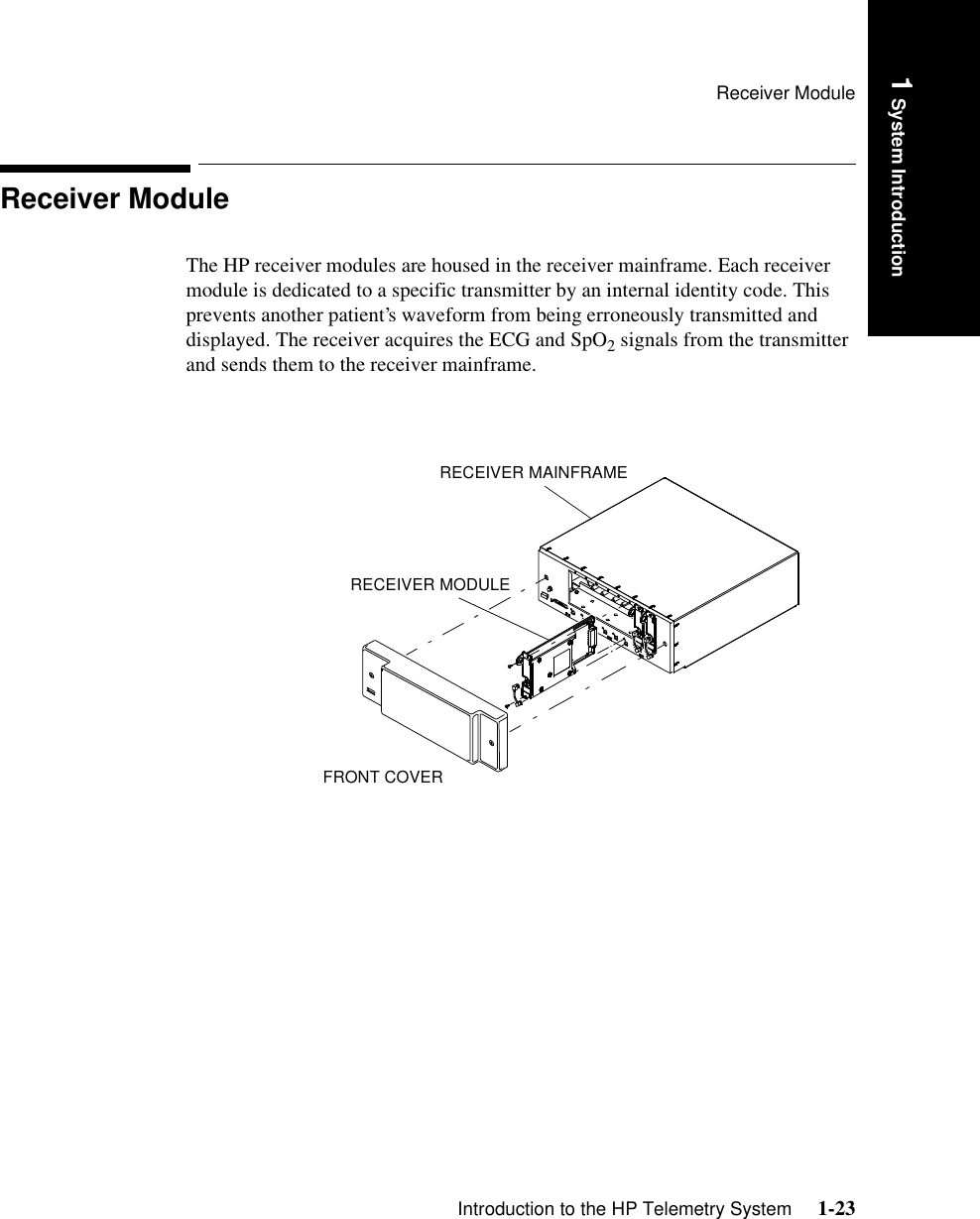 Receiver ModuleIntroduction to the HP Telemetry System     1-231 System IntroductionReceiver ModuleThe HP receiver modules are housed in the receiver mainframe. Each receiver module is dedicated to a specific transmitter by an internal identity code. This prevents another patient’s waveform from being erroneously transmitted and displayed. The receiver acquires the ECG and SpO2 signals from the transmitter and sends them to the receiver mainframe.                FRONT COVERRECEIVER MODULERECEIVER MAINFRAME