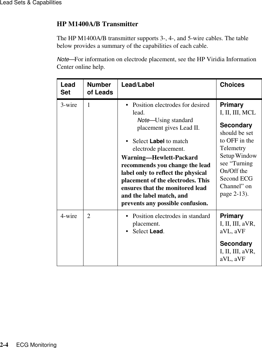 Lead Sets &amp; Capabilities2-4     ECG MonitoringHP M1400A/B TransmitterThe HP M1400A/B transmitter supports 3-, 4-, and 5-wire cables. The table below provides a summary of the capabilities of each cable. Note—For information on electrode placement, see the HP Viridia Information Center online help.Lead Set Number of Leads Lead/Label Choices3-wire 1 • Position electrodes for desired lead.Note—Using standard placement gives Lead II.• Select Label to match electrode placement.Warning—Hewlett-Packard recommends you change the lead label only to reflect the physical placement of the electrodes. This ensures that the monitored lead and the label match, and prevents any possible confusion.PrimaryI, II, III, MCLSecondaryshould be set to OFF in the Telemetry Setup Window see “Turning On/Off the Second ECG Channel” on page 2-13).4-wire 2 • Position electrodes in standard placement.• Select Lead.PrimaryI, II, III, aVR, aVL, aVFSecondaryI, II, III, aVR, aVL, aVF