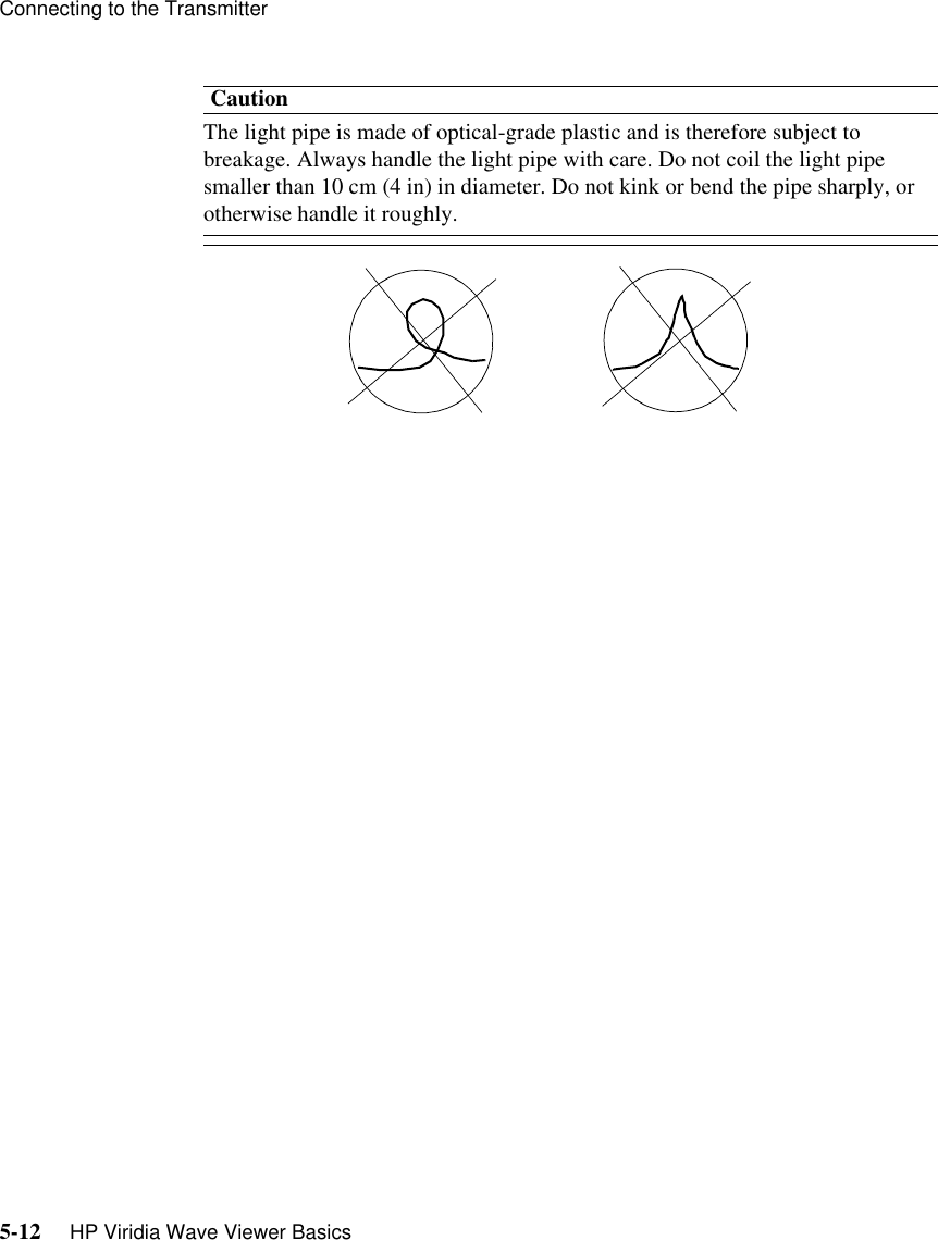 Connecting to the Transmitter5-12     HP Viridia Wave Viewer BasicsCautionThe light pipe is made of optical-grade plastic and is therefore subject to breakage. Always handle the light pipe with care. Do not coil the light pipe smaller than 10 cm (4 in) in diameter. Do not kink or bend the pipe sharply, or otherwise handle it roughly.