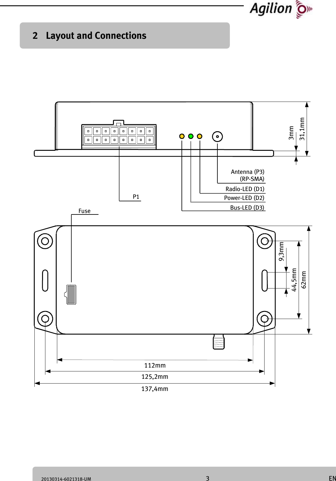 20130314-6021318-UM 3 EN 2 Layout and Connections P1Antenna (P3)(RP-SMA)Radio-LED (D1)Power-LED (D2)137,4mm62mm44,5mm9,3mm112mm125,2mm31,1mm3mmBus-LED (D3)Fuse
