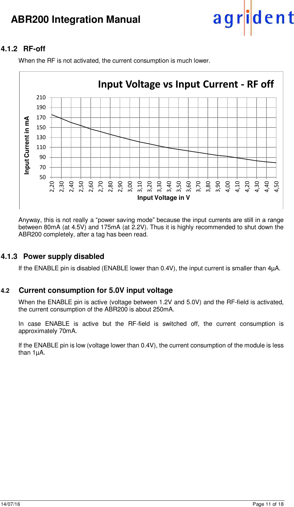 14/07/16      Page 11 of 18      ABR200 Integration Manual  4.1.2  RF-off When the RF is not activated, the current consumption is much lower.    Anyway, this is not really a “power saving mode” because the input currents are still in a range between 80mA (at 4.5V) and 175mA (at 2.2V). Thus it is highly recommended to shut down the ABR200 completely, after a tag has been read.   4.1.3  Power supply disabled If the ENABLE pin is disabled (ENABLE lower than 0.4V), the input current is smaller than 4µA.   4.2  Current consumption for 5.0V input voltage When the ENABLE pin is active (voltage between 1.2V and 5.0V) and the RF-field is activated, the current consumption of the ABR200 is about 250mA.   In  case  ENABLE  is  active  but  the  RF-field  is  switched  off,  the  current  consumption  is approximately 70mA.  If the ENABLE pin is low (voltage lower than 0.4V), the current consumption of the module is less than 1µA.     5070901101301501701902102,202,302,402,502,602,702,802,903,003,103,203,303,403,503,603,703,803,904,004,104,204,304,404,50Input Current in mAInput Voltage in VInput Voltage vs Input Current - RF off