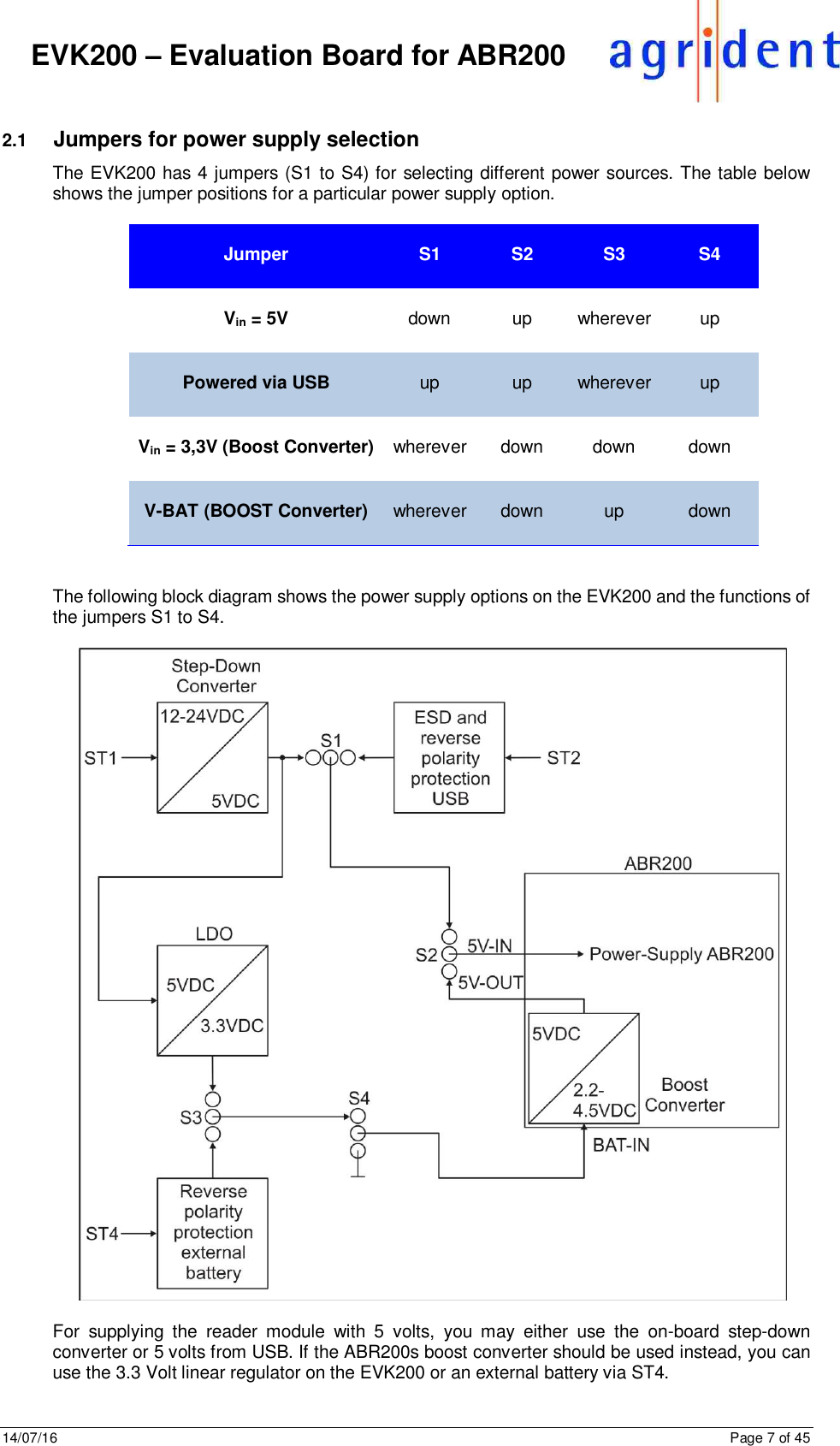 14/07/16      Page 7 of 45      EVK200 – Evaluation Board for ABR200  2.1  Jumpers for power supply selection The EVK200 has 4 jumpers (S1 to S4) for selecting different power sources. The table below shows the jumper positions for a particular power supply option.   Jumper  S1  S2  S3  S4  Vin = 5V  down  up  wherever  up  Powered via USB  up  up  wherever  up  Vin = 3,3V (Boost Converter)  wherever  down  down  down  V-BAT (BOOST Converter)  wherever  down  up  down   The following block diagram shows the power supply options on the EVK200 and the functions of the jumpers S1 to S4.    For  supplying  the  reader  module  with  5  volts,  you  may  either  use  the  on-board  step-down converter or 5 volts from USB. If the ABR200s boost converter should be used instead, you can use the 3.3 Volt linear regulator on the EVK200 or an external battery via ST4.   