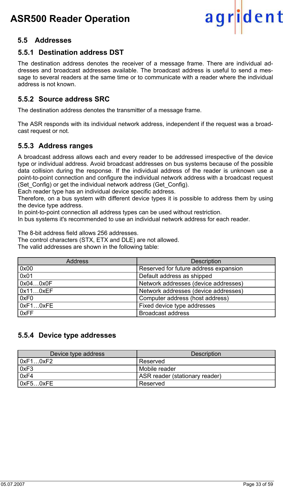 05.07.2007    Page 33 of 59     ASR500 Reader Operation 5.5 Addresses 5.5.1  Destination address DST The destination address denotes the receiver of a message frame. There are individual ad-dresses and broadcast addresses available. The broadcast address is useful to send a mes-sage to several readers at the same time or to communicate with a reader where the individual address is not known.  5.5.2  Source address SRC The destination address denotes the transmitter of a message frame.  The ASR responds with its individual network address, independent if the request was a broad-cast request or not.   5.5.3 Address ranges A broadcast address allows each and every reader to be addressed irrespective of the device type or individual address. Avoid broadcast addresses on bus systems because of the possible data collision during the response. If the individual address of the reader is unknown use a point-to-point connection and configure the individual network address with a broadcast request (Set_Config) or get the individual network address (Get_Config). Each reader type has an individual device specific address. Therefore, on a bus system with different device types it is possible to address them by using the device type address. In point-to-point connection all address types can be used without restriction. In bus systems it&apos;s recommended to use an individual network address for each reader.  The 8-bit address field allows 256 addresses. The control characters (STX, ETX and DLE) are not allowed. The valid addresses are shown in the following table:  Address  Description 0x00  Reserved for future address expansion 0x01  Default address as shipped 0x04…0x0F  Network addresses (device addresses) 0x11…0xEF  Network addresses (device addresses) 0xF0  Computer address (host address) 0xF1…0xFE  Fixed device type addresses 0xFF Broadcast address   5.5.4  Device type addresses  Device type address  Description 0xF1…0xF2 Reserved 0xF3 Mobile reader 0xF4  ASR reader (stationary reader) 0xF5…0xFE Reserved  