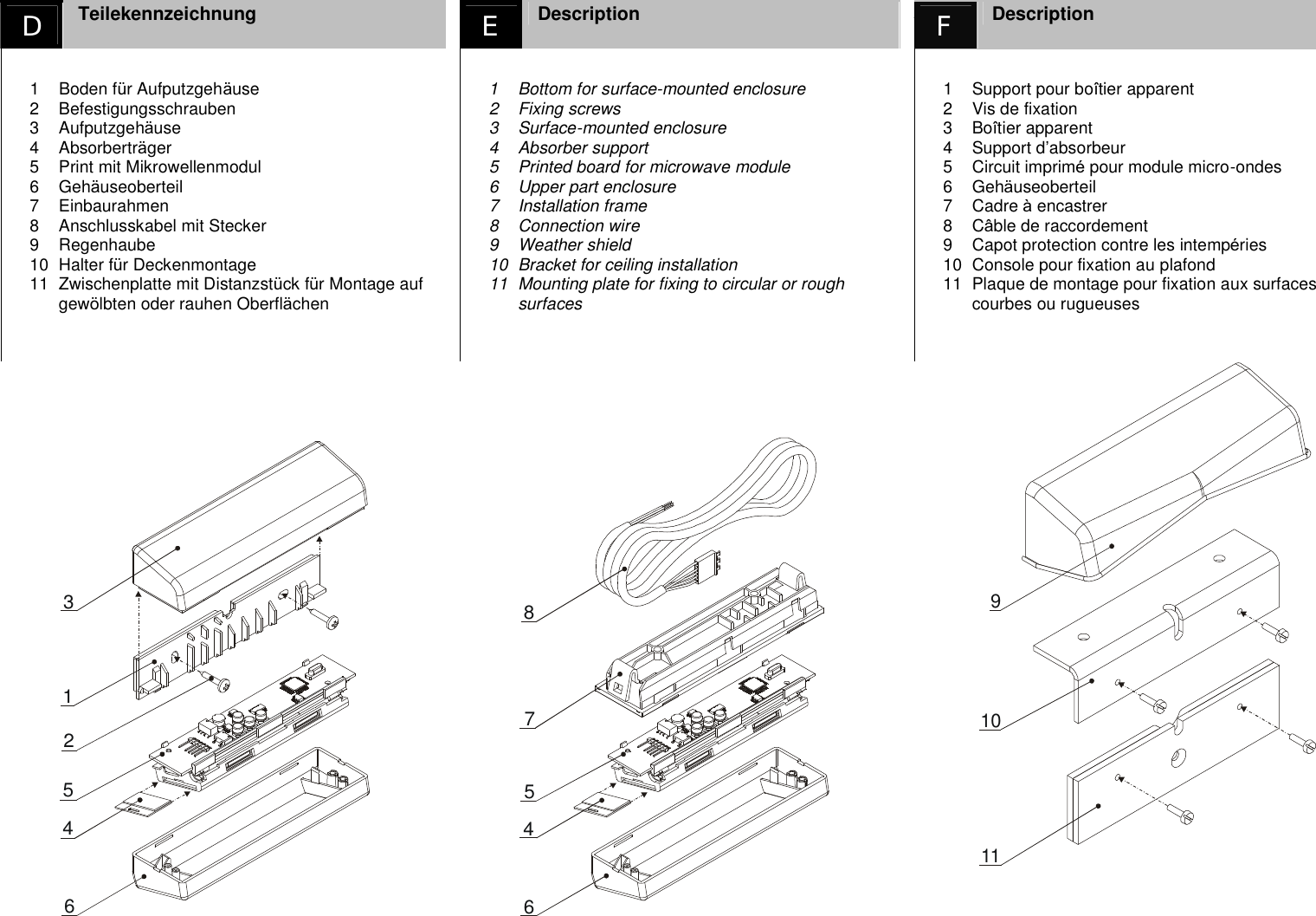 D  Teilekennzeichnung  E Description AF Description  1  Boden f&uuml;r Aufputzgeh&auml;use 2  Befestigungsschrauben 3  Aufputzgeh&auml;use 4  Absorbertr&auml;ger 5  Print mit Mikrowellenmodul 6  Geh&auml;useoberteil 7  Einbaurahmen 8  Anschlusskabel mit Stecker 9  Regenhaube 10  Halter f&uuml;r Deckenmontage 11  Zwischenplatte mit Distanzst&uuml;ck f&uuml;r Montage auf gew&ouml;lbten oder rauhen Oberfl&auml;chen    1  Bottom for surface-mounted enclosure 2  Fixing screws 3  Surface-mounted enclosure 4  Absorber support 5  Printed board for microwave module 6  Upper part enclosure 7  Installation frame 8  Connection wire 9  Weather shield 10  Bracket for ceiling installation 11  Mounting plate for fixing to circular or rough surfaces   1  Support pour bo&icirc;tier apparent 2  Vis de fixation 3  Bo&icirc;tier apparent 4  Support d&rsquo;absorbeur 5  Circuit imprim&eacute; pour module micro-ondes 6  Geh&auml;useoberteil 7  Cadre &agrave; encastrer 8  C&acirc;ble de raccordement  9  Capot protection contre les intemp&eacute;ries 10  Console pour fixation au plafond 11  Plaque de montage pour fixation aux surfaces courbes ou rugueuses    315462 64578  91011 