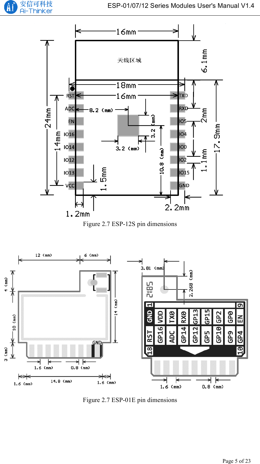   ESP-01/07/12 Series Modules User&apos;s Manual V1.4 Copyright © 2017 Shenzhen Ai-Thinker Technology Co., Ltd All Rights Reserved Page 5 of 23   Figure 2.7 ESP-12S pin dimensions   Figure 2.7 ESP-01E pin dimensions      