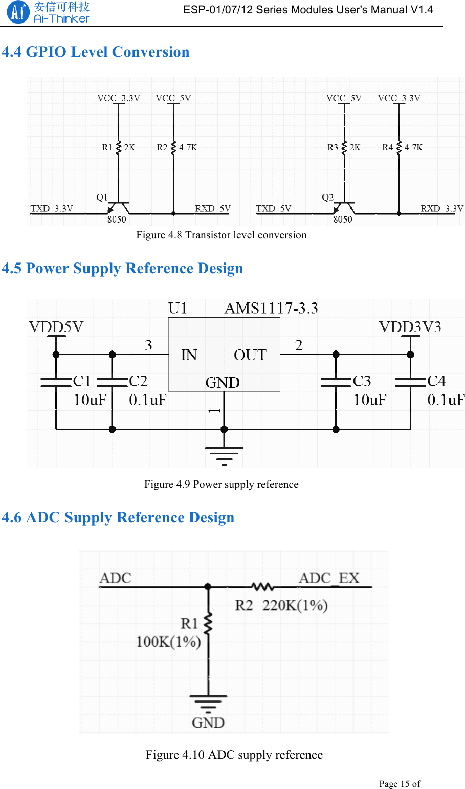   ESP-01/07/12 Series Modules User&apos;s Manual V1.4 Copyright © 2017 Shenzhen Ai-Thinker Technology Co., Ltd All Rights Reserved Page 15 of 23   4.4 GPIO Level Conversion  Figure 4.8 Transistor level conversion 4.5 Power Supply Reference Design  Figure 4.9 Power supply reference 4.6 ADC Supply Reference Design  Figure 4.10 ADC supply reference 