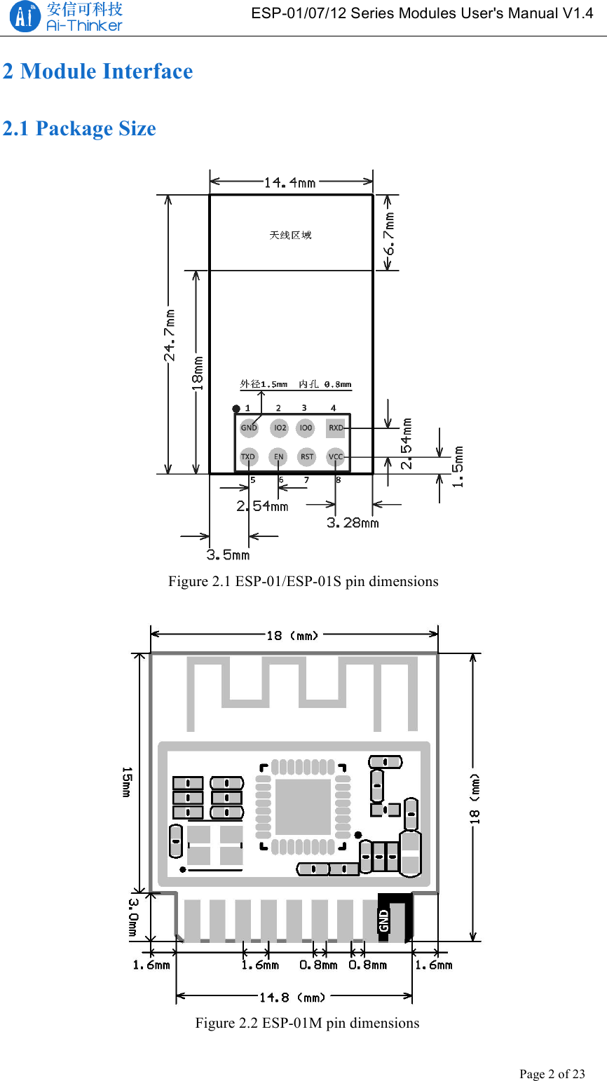   ESP-01/07/12 Series Modules User&apos;s Manual V1.4 Copyright © 2017 Shenzhen Ai-Thinker Technology Co., Ltd All Rights Reserved Page 2 of 23   2 Module Interface 2.1 Package Size   Figure 2.1 ESP-01/ESP-01S pin dimensions   Figure 2.2 ESP-01M pin dimensions  
