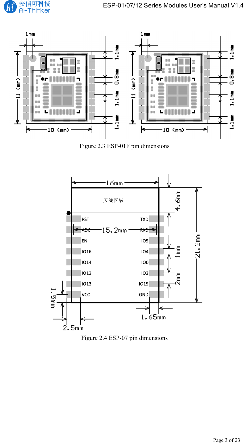   ESP-01/07/12 Series Modules User&apos;s Manual V1.4 Copyright © 2017 Shenzhen Ai-Thinker Technology Co., Ltd All Rights Reserved Page 3 of 23     Figure 2.3 ESP-01F pin dimensions   Figure 2.4 ESP-07 pin dimensions   