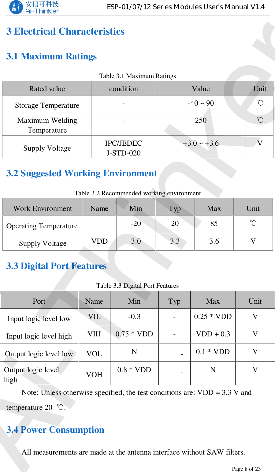 ESP-01/07/12 Series Modules User&apos;s Manual V1.4Copyright © 2017 Shenzhen Ai-Thinker Technology Co., Ltd All Rights ReservedPage8of233 Electrical Characteristics3.1 Maximum RatingsTable 3.1 Maximum RatingsRated value condition Value UnitStorage Temperature --40 ~ 90 Maximum WeldingTemperature-250 Supply Voltage IPC/JEDECJ-STD-020+3.0 ~ +3.6 V3.2 Suggested Working EnvironmentTable 3.2 Recommended working environmentWork Environment Name Min Typ Max UnitOperating Temperature -20 20 85 Supply Voltage VDD 3.0 3.3 3.6 V3.3 Digital Port FeaturesTable 3.3 Digital Port FeaturesPort Name Min Typ Max UnitInput logic level low VIL -0.3 - 0.25 * VDD VInput logic level high VIH  0.75 * VDD - VDD + 0.3 VOutput logic level low VOL N-0.1 * VDD VOutput logic levelhigh VOH 0.8 * VDD -N VNote: Unless otherwise specified, the test conditions are: VDD = 3.3 V andtemperature 20 .3.4 Power ConsumptionAll measurements are made at the antenna interface without SAW filters.Ai-Thinker