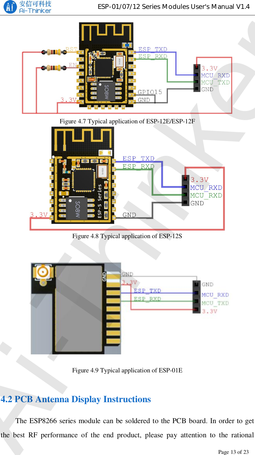 ESP-01/07/12 Series Modules User&apos;s Manual V1.4Copyright © 2017 Shenzhen Ai-Thinker Technology Co., Ltd All Rights ReservedPage13of23Figure 4.7 Typical application of ESP-12E/ESP-12FFigure 4.8 Typical application of ESP-12SFigure 4.9 Typical application of ESP-01E4.2 PCB Antenna Display InstructionsThe ESP8266 series module can be soldered to the PCB board. In order to getthe best RF performance of the end product, please pay attention to the rationalAi-Thinker