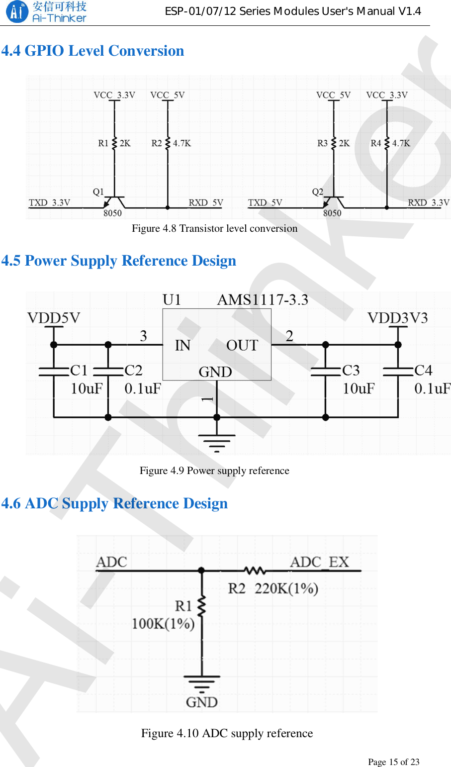 ESP-01/07/12 Series Modules User&apos;s Manual V1.4Copyright © 2017 Shenzhen Ai-Thinker Technology Co., Ltd All Rights ReservedPage15of234.4 GPIO Level ConversionFigure 4.8 Transistor level conversion4.5 Power Supply Reference DesignFigure 4.9 Power supply reference4.6 ADC Supply Reference DesignFigure 4.10 ADC supply referenceAi-Thinker