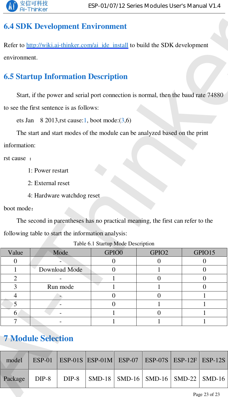 ESP-01/07/12 Series Modules User&apos;s Manual V1.4Copyright © 2017 Shenzhen Ai-Thinker Technology Co., Ltd All Rights ReservedPage23of236.4 SDK Development EnvironmentRefer to http://wiki.ai-thinker.com/ai_ide_install to build the SDK developmentenvironment.6.5 Startup Information DescriptionStart, if the power and serial port connection is normal, then the baud rate 74880to see the first sentence is as follows:ets Jan   8 2013,rst cause:1, boot mode:(3,6)The start and start modes of the module can be analyzed based on the printinformation:rst cause 1: Power restart2: External reset4: Hardware watchdog resetboot modeThe second in parentheses has no practical meaning, the first can refer to thefollowing table to start the information analysis:Table 6.1 Startup Mode DescriptionValue Mode GPIO0 GPIO2 GPIO150 - 0 0 01Download Mode 0 1 02 - 1 0 03Run mode 1 1 04 - 0 0 15 - 0 1 16 - 1 0 17 - 1 1 17 Module Selectionmodel ESP-01 ESP-01S ESP-01M ESP-07 ESP-07S ESP-12F ESP-12SPackage DIP-8  DIP-8 SMD-18 SMD-16 SMD-16 SMD-22 SMD-16Ai-Thinker