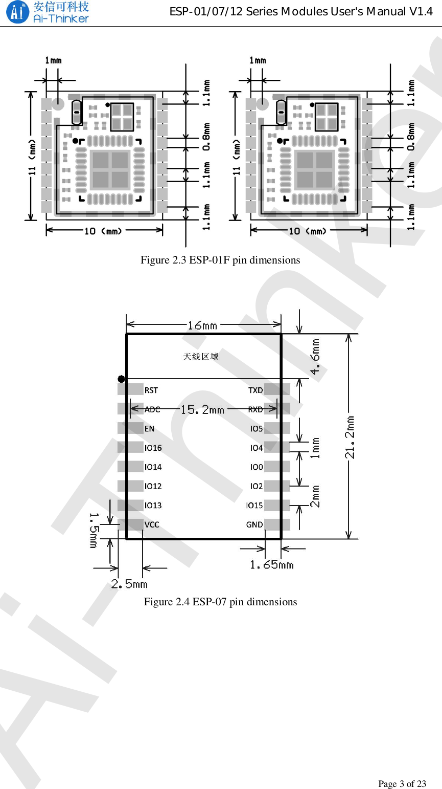 ESP-01/07/12 Series Modules User&apos;s Manual V1.4Copyright © 2017 Shenzhen Ai-Thinker Technology Co., Ltd All Rights ReservedPage3of23Figure 2.3 ESP-01F pin dimensionsFigure 2.4 ESP-07 pin dimensionsAi-Thinker