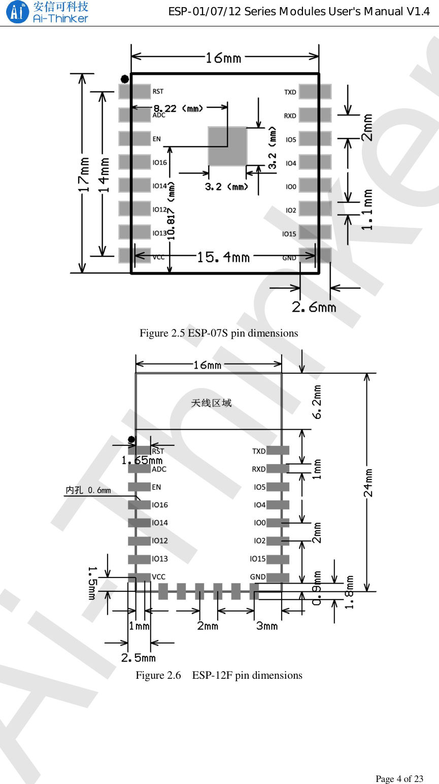 ESP-01/07/12 Series Modules User&apos;s Manual V1.4Copyright © 2017 Shenzhen Ai-Thinker Technology Co., Ltd All Rights ReservedPage4of23Figure 2.5 ESP-07S pin dimensionsFigure 2.6   ESP-12F pin dimensionsAi-Thinker