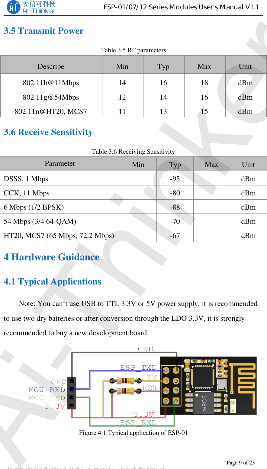 ESP-01/07/12SeriesModulesUser&apos;sManualV1.1Copyright © 2017 Shenzhen Ai-Thinker Technology Co., Ltd All Rights Reserved Page 9 of 233.5 Transmit PowerTable 3.5 RF parametersDescribe Min Typ Max Unit802.11b@11Mbps 14 16 18 dBm802.11g@54Mbps 12 14 16 dBm802.11n@HT20, MCS7 11 13 15 dBm3.6 Receive SensitivityTable 3.6 Receiving SensitivityParameter Min Typ Max UnitDSSS, 1 Mbps -95 dBmCCK, 11 Mbps -80 dBm6 Mbps (1/2 BPSK) -88 dBm54 Mbps (3/4 64-QAM) -70 dBmHT20, MCS7 (65 Mbps, 72.2 Mbps) -67 dBm4 Hardware Guidance4.1 Typical ApplicationsNote: You can’t use USB to TTL 3.3V or 5V power supply, it is recommendedto use two dry batteries or after conversion through the LDO 3.3V, it is stronglyrecommended to buy a new development board.Figure 4.1 Typical application of ESP-01Ai-Thinker