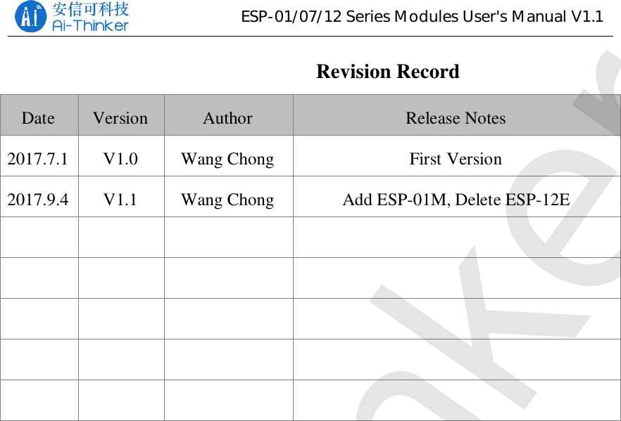 ESP-01/07/12SeriesModulesUser&apos;sManualV1.1Revision RecordDate Version Author Release Notes2017.7.1 V1.0 Wang Chong First Version2017.9.4 V1.1 Wang Chong Add ESP-01M, Delete ESP-12EAi-Thinker