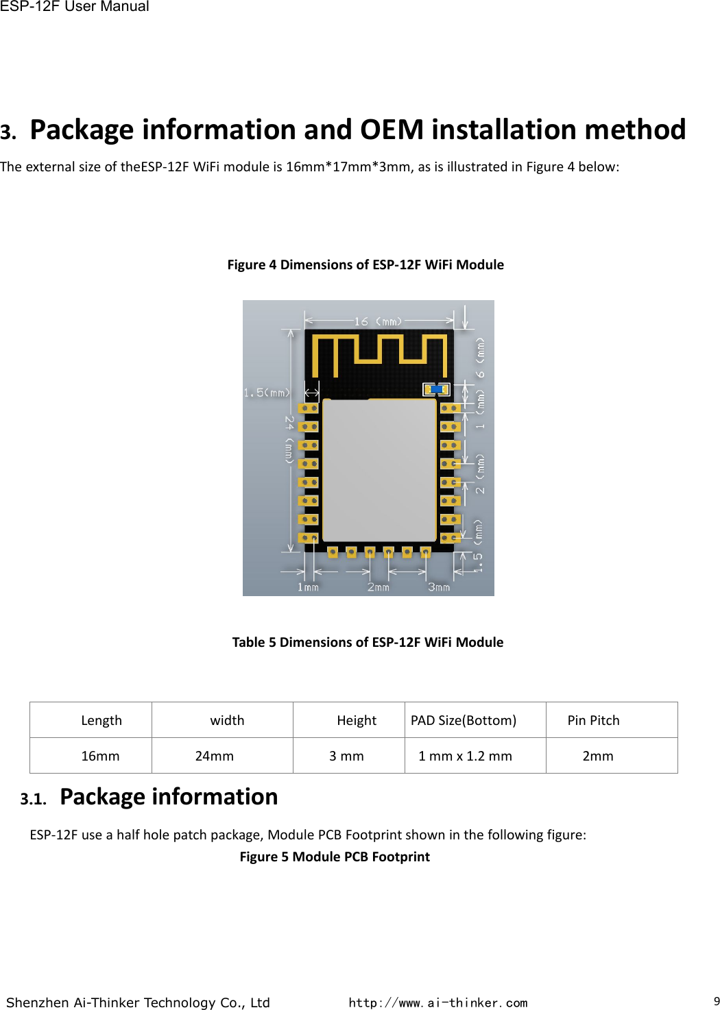 ESP-12F User ManualShenzhen Ai-Thinker Technology Co., Ltd http://www.ai-thinker.com93. Package information and OEM installation methodThe external size of theESP-12F WiFi module is 16mm*17mm*3mm, as is illustrated in Figure 4 below:Figure 4 Dimensions of ESP-12F WiFi ModuleTable 5 Dimensions of ESP-12F WiFi ModuleLengthwidthHeightPAD Size(Bottom)Pin Pitch16mm24mm3 mm1 mm x 1.2 mm2mm3.1. Package informationESP-12F use a half hole patch package, Module PCB Footprint shown in the following figure:Figure 5 Module PCB Footprint