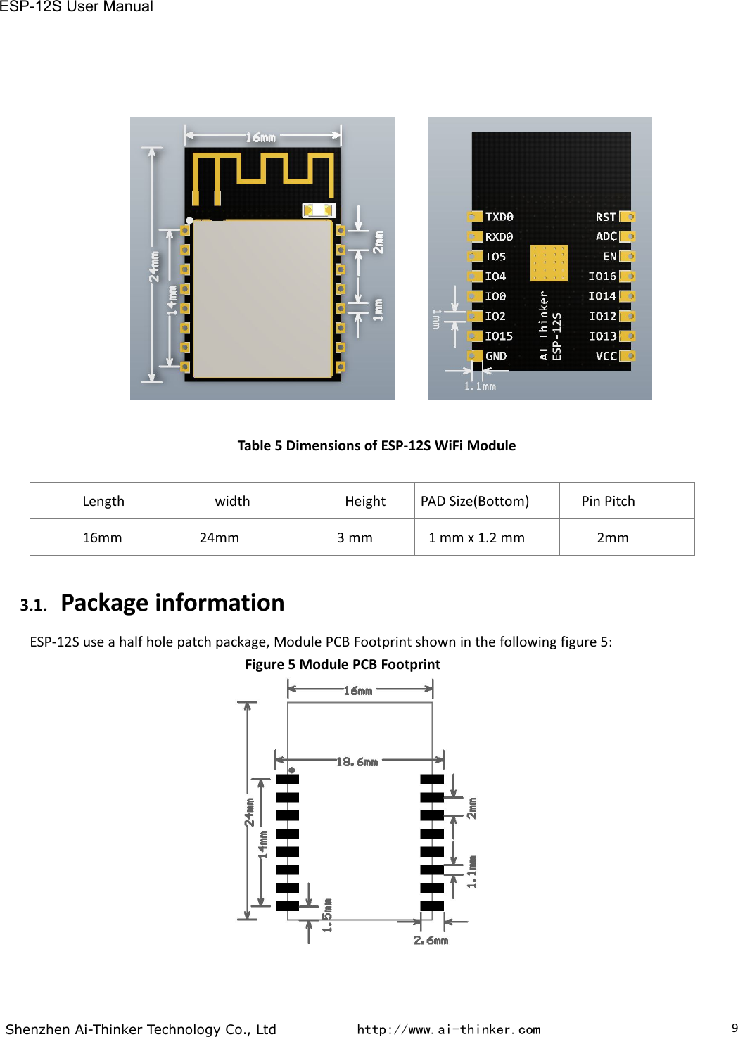 ESP-12S User ManualShenzhen Ai-Thinker Technology Co., Ltd http://www.ai-thinker.com9Table 5 Dimensions of ESP-12S WiFi ModuleLengthwidthHeightPAD Size(Bottom)Pin Pitch16mm24mm3 mm1 mm x 1.2 mm2mm3.1. Package informationESP-12S use a half hole patch package, Module PCB Footprint shown in the following figure 5:Figure 5 Module PCB Footprint