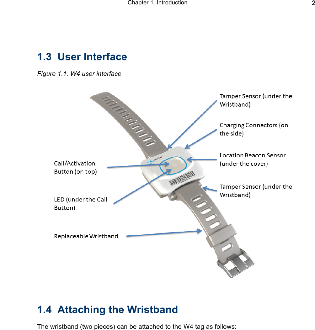  Chapter 1. Introduction                                                                            2        1.3  User Interface  Figure 1.1. W4 user interface     1.4  Attaching the Wristband  The wristband (two pieces) can be attached to the W4 tag as follows: 
