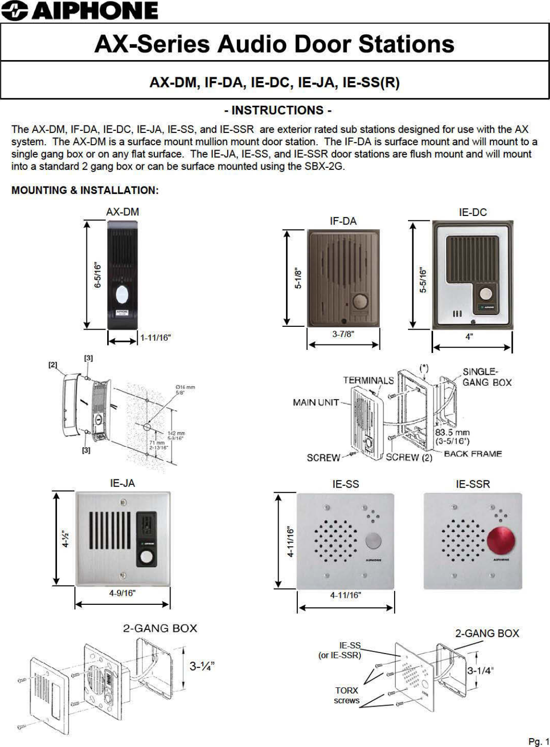 Page 1 of 2 - Aiphone Aiphone-Ax-Dm-Users-Manual- Visio-AX Outdoor Subs  Aiphone-ax-dm-users-manual