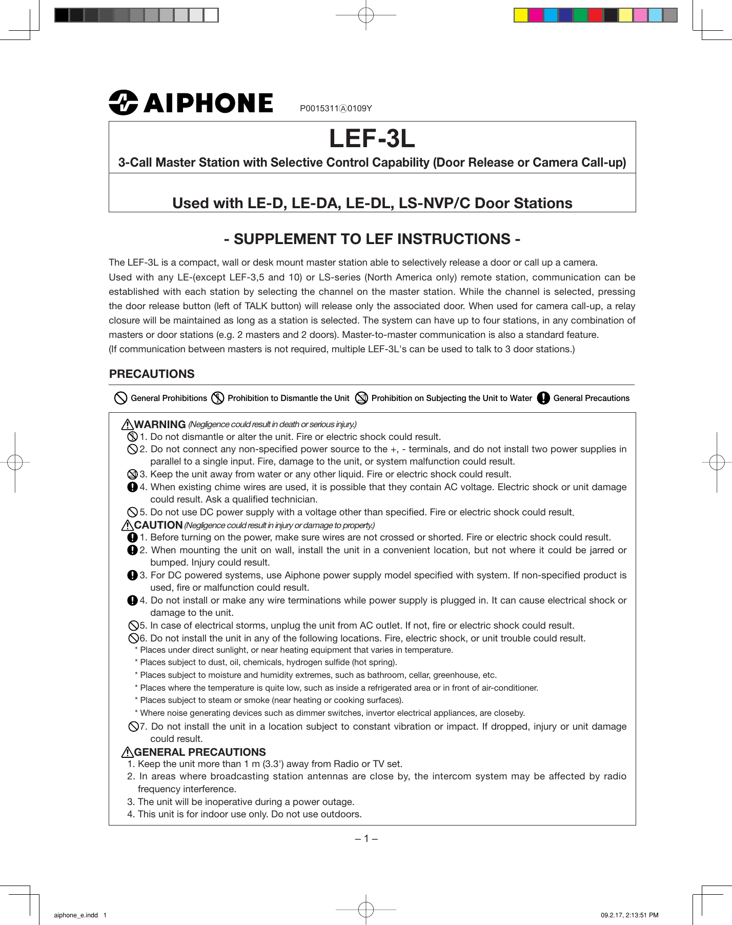 Page 1 of 12 - Aiphone Aiphone-Lef-3L-Users-Manual- Aiphone_e  Aiphone-lef-3l-users-manual