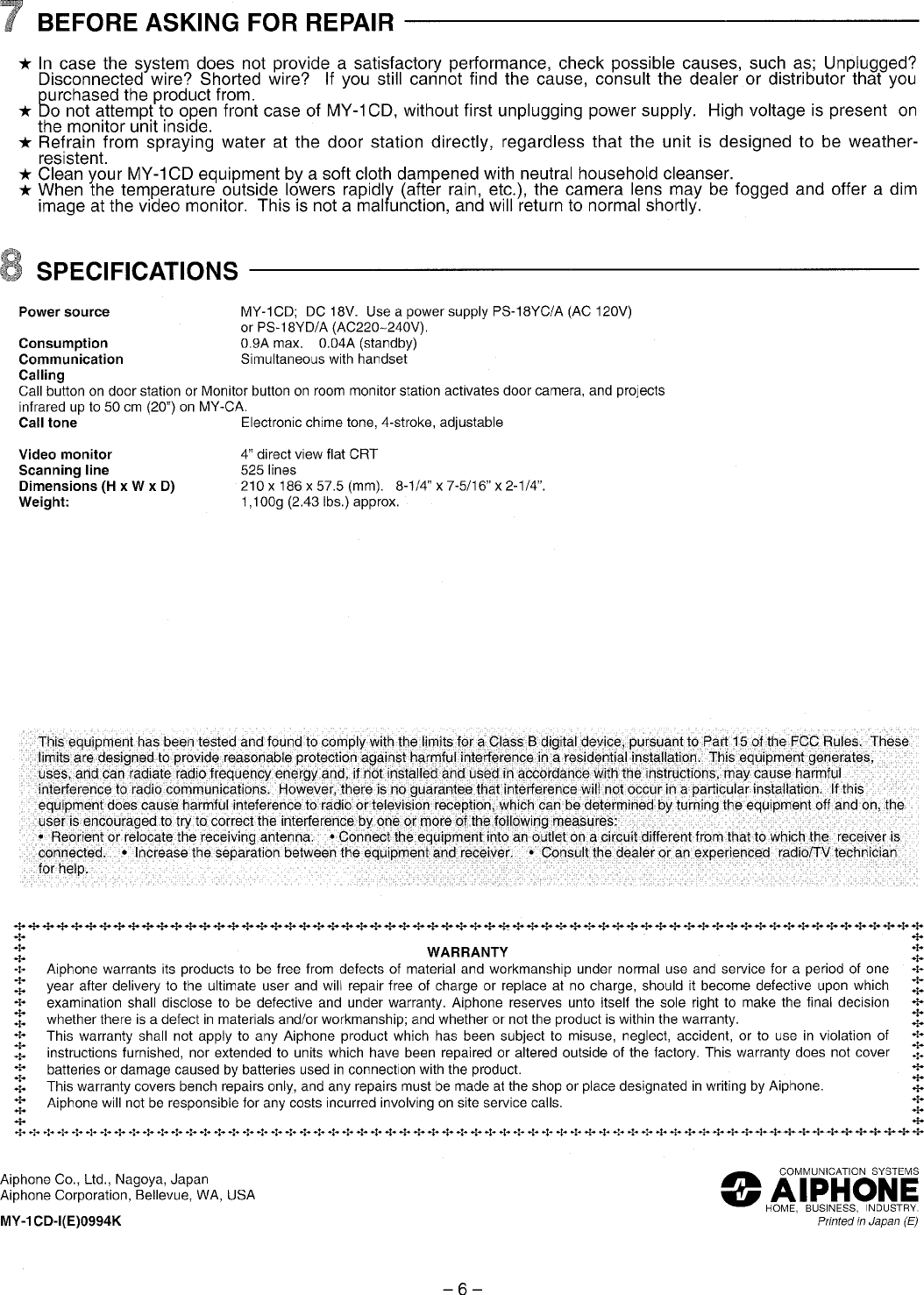 Page 6 of 6 - Aiphone Aiphone-My-1Cd-Users-Manual-  Aiphone-my-1cd-users-manual