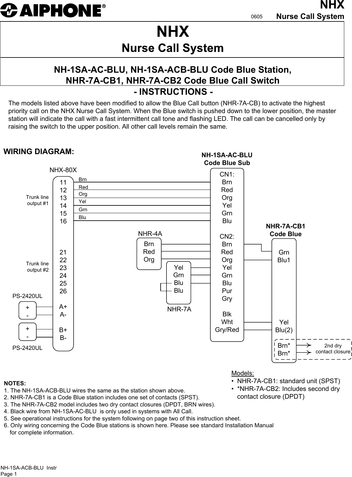 Page 1 of 2 - Aiphone Aiphone-Nhx-Nh-1Sa-Acb-Blu-Users-Manual- Visio-NH-1SA-Code Blue, NHR-7A-CB Instr  Aiphone-nhx-nh-1sa-acb-blu-users-manual