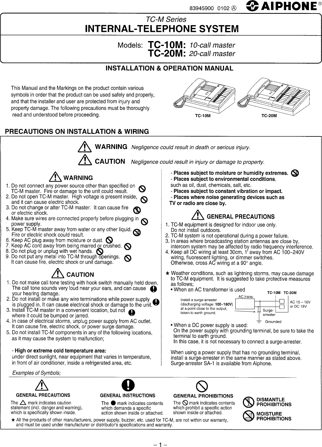 Page 1 of 12 - Aiphone Aiphone-Tc-10M-Users-Manual-  Aiphone-tc-10m-users-manual