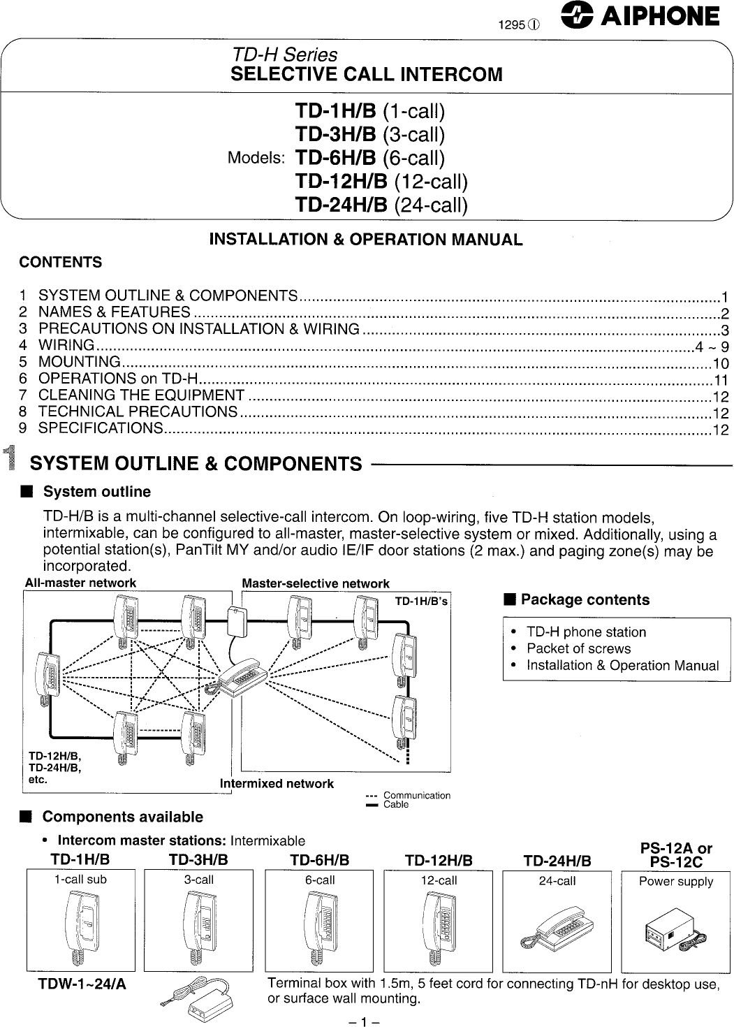 Page 1 of 12 - Aiphone Aiphone-Td1-H-Users-Manual-  Aiphone-td1-h-users-manual