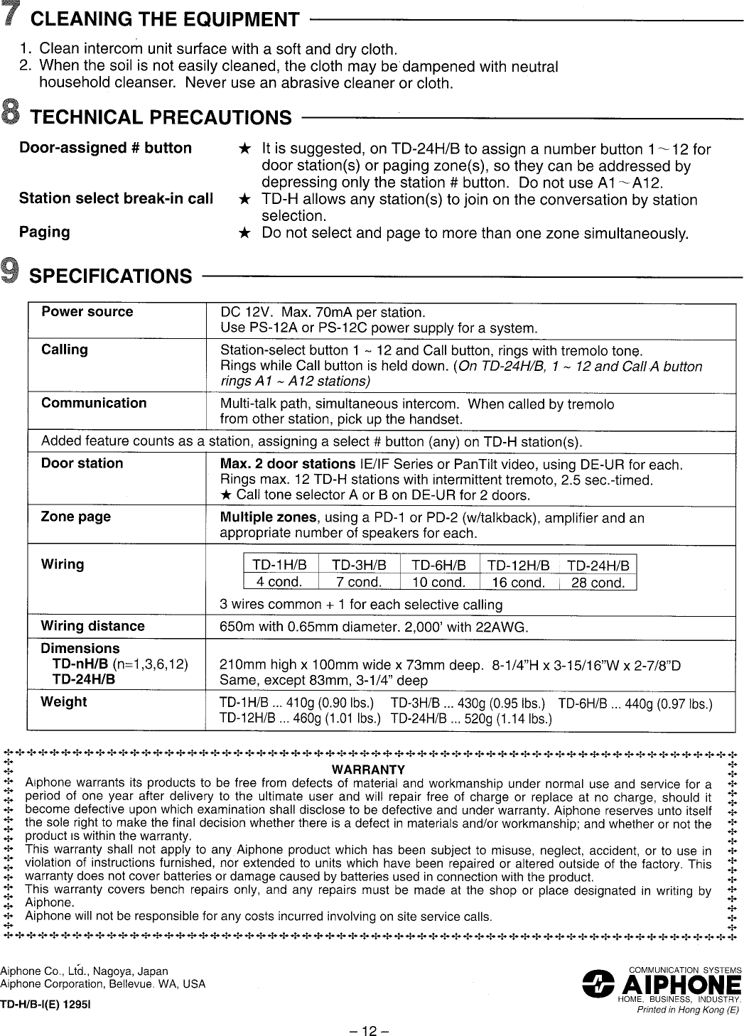 Page 12 of 12 - Aiphone Aiphone-Td1-H-Users-Manual-  Aiphone-td1-h-users-manual