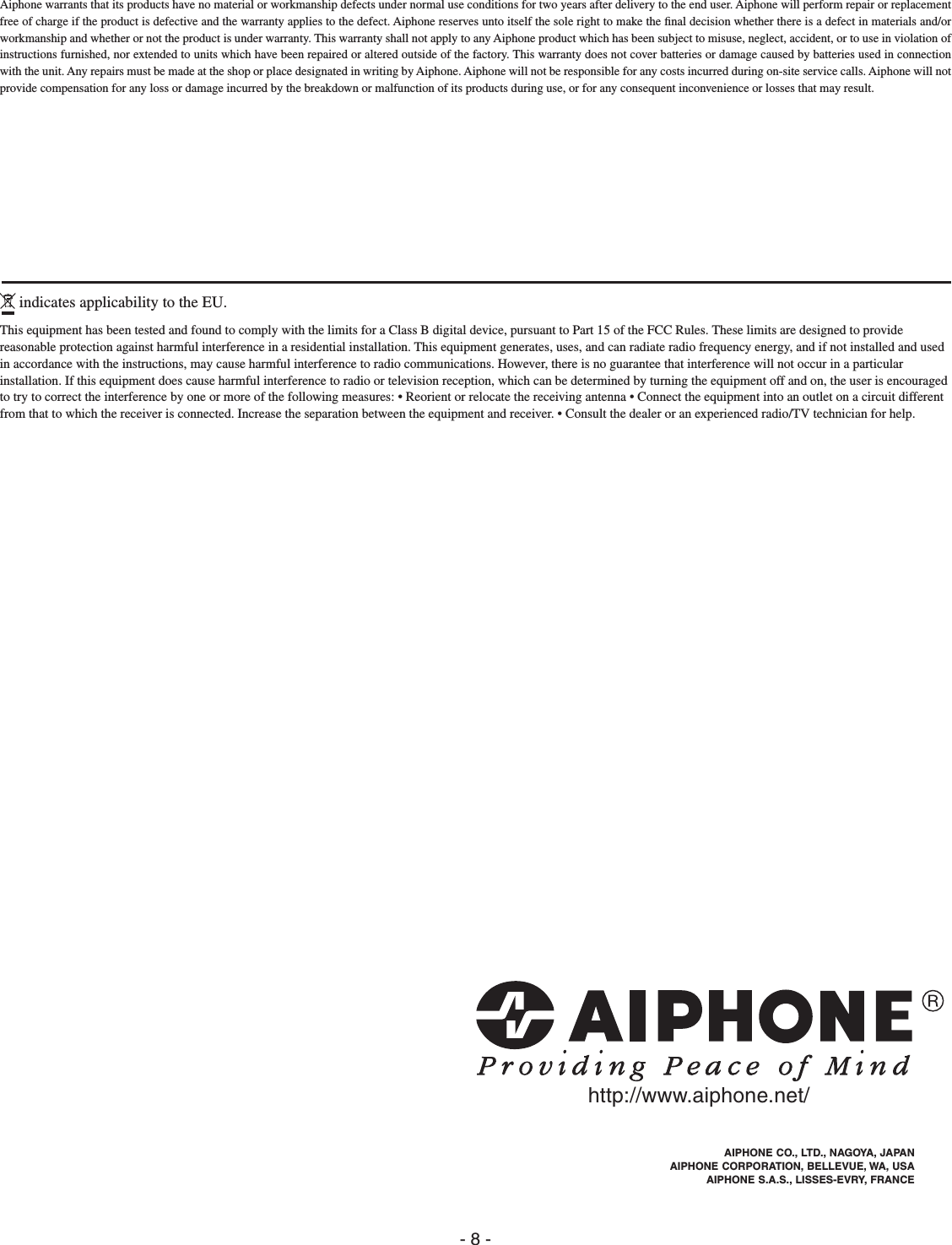 Page 8 of 8 - Aiphone GT1D取説-EN GT-1D Apartment Intercom System Residential Station GT-1DOperation Manual