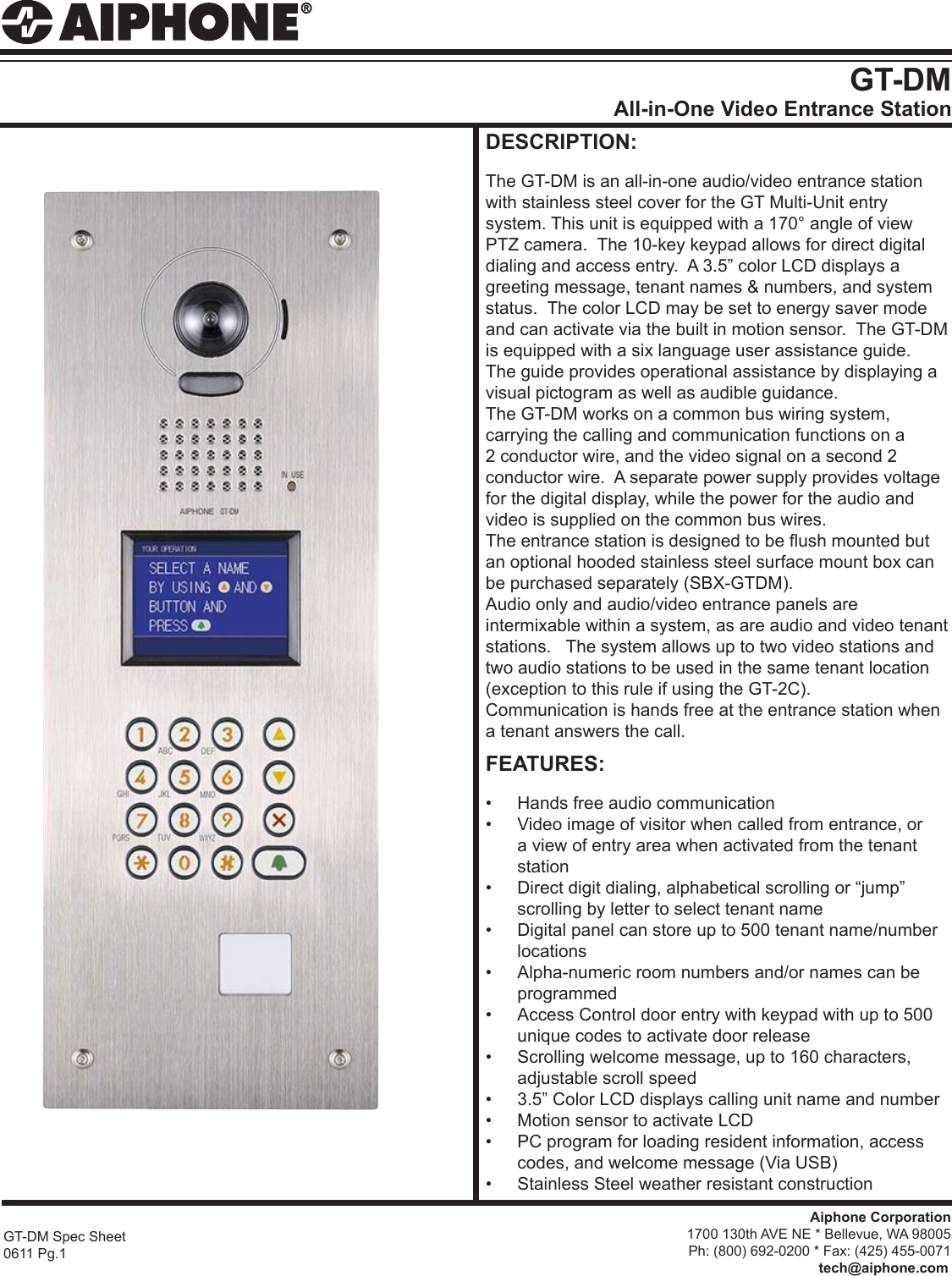 Page 1 of 2 - Aiphone  GT-DM All-in-One Video Entrance Station GT-DMSpec